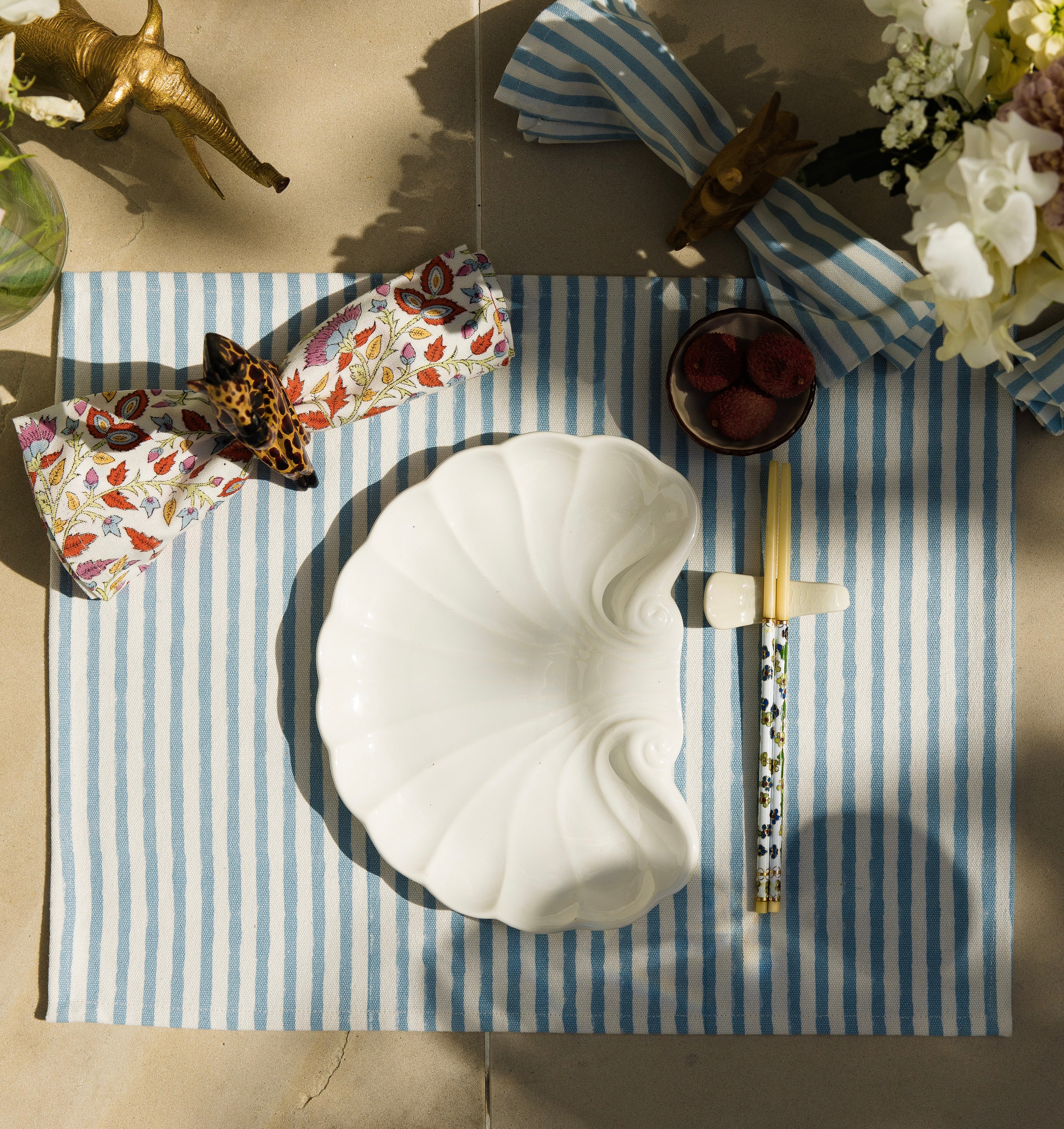 Block Printed Cotton Striped Cotton Table Mat in Duck Egg Blue - Set of 2