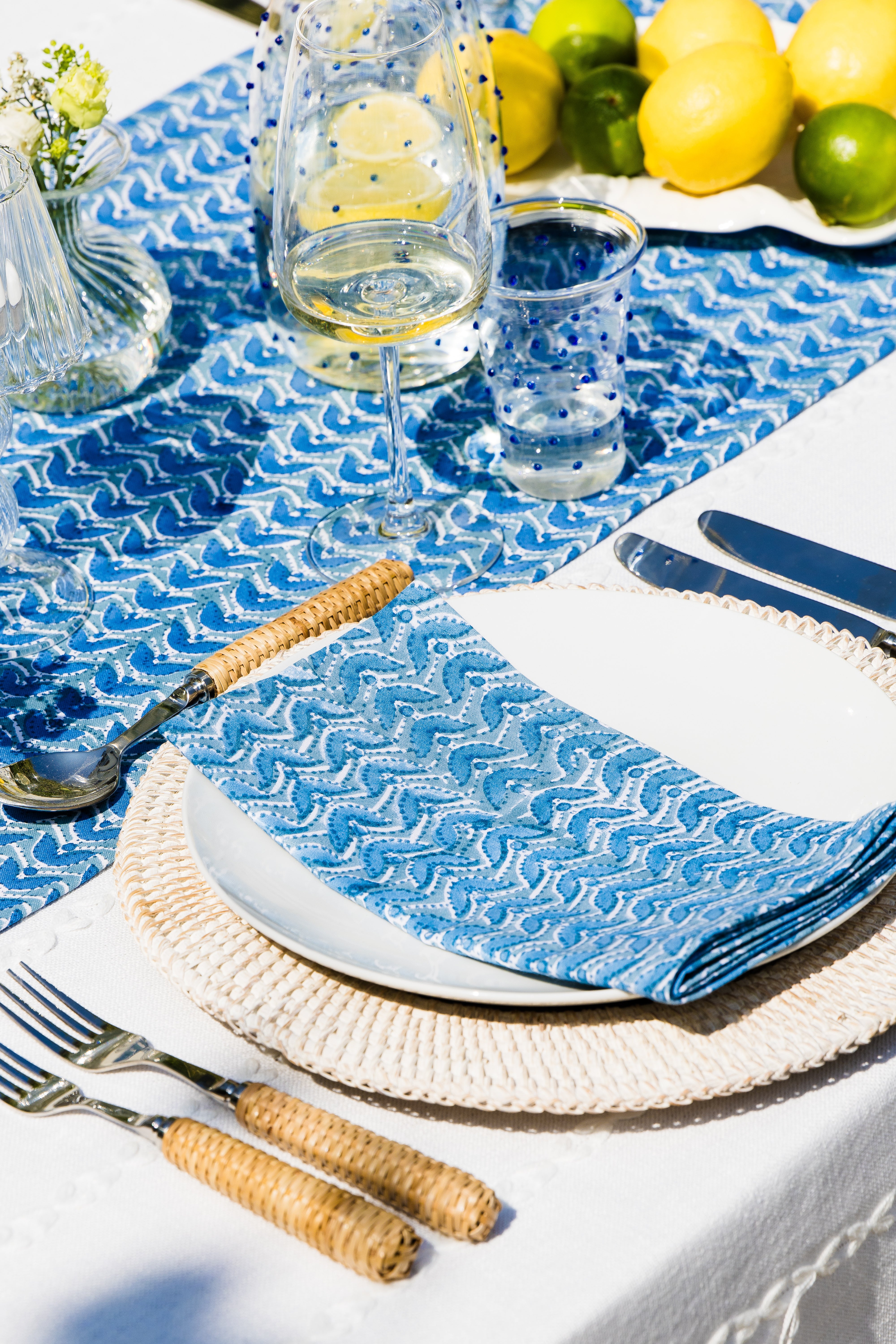 Geometric Block Printed Table Runner - Blue & Grey