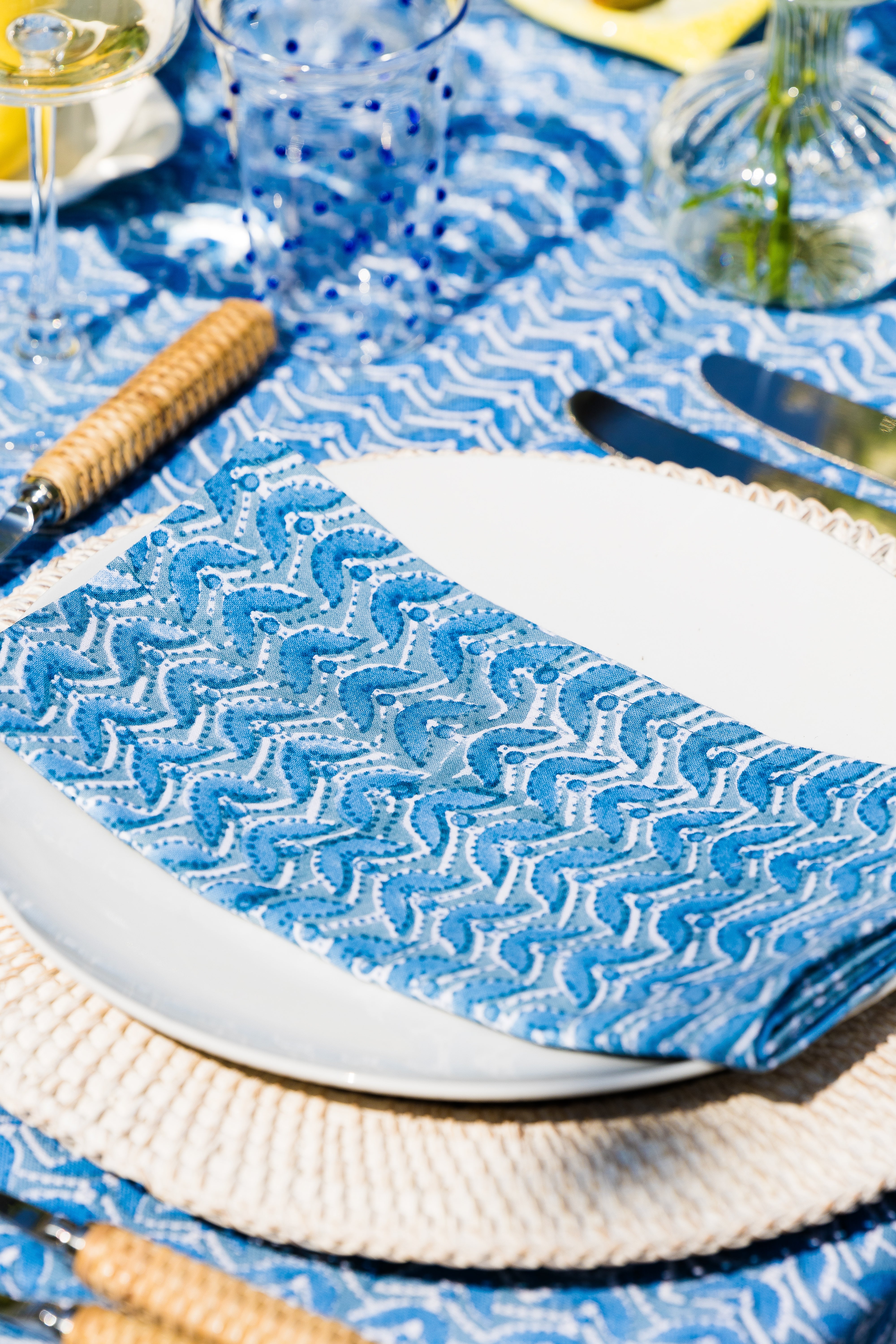 Geometric Blue & Grey Block Printed Cotton Napkins - Set of 4