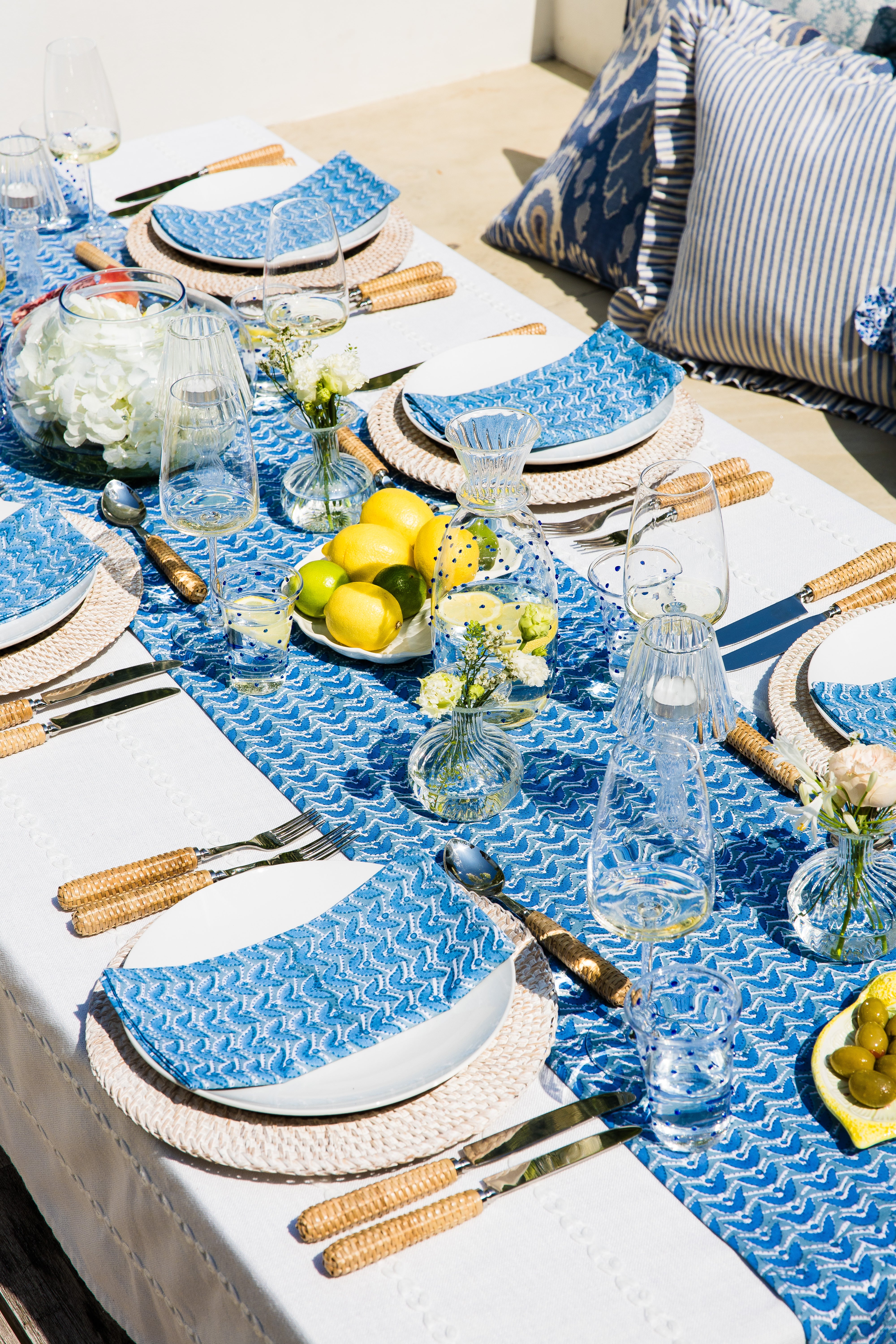 Geometric Block Printed Table Runner - Blue & Grey