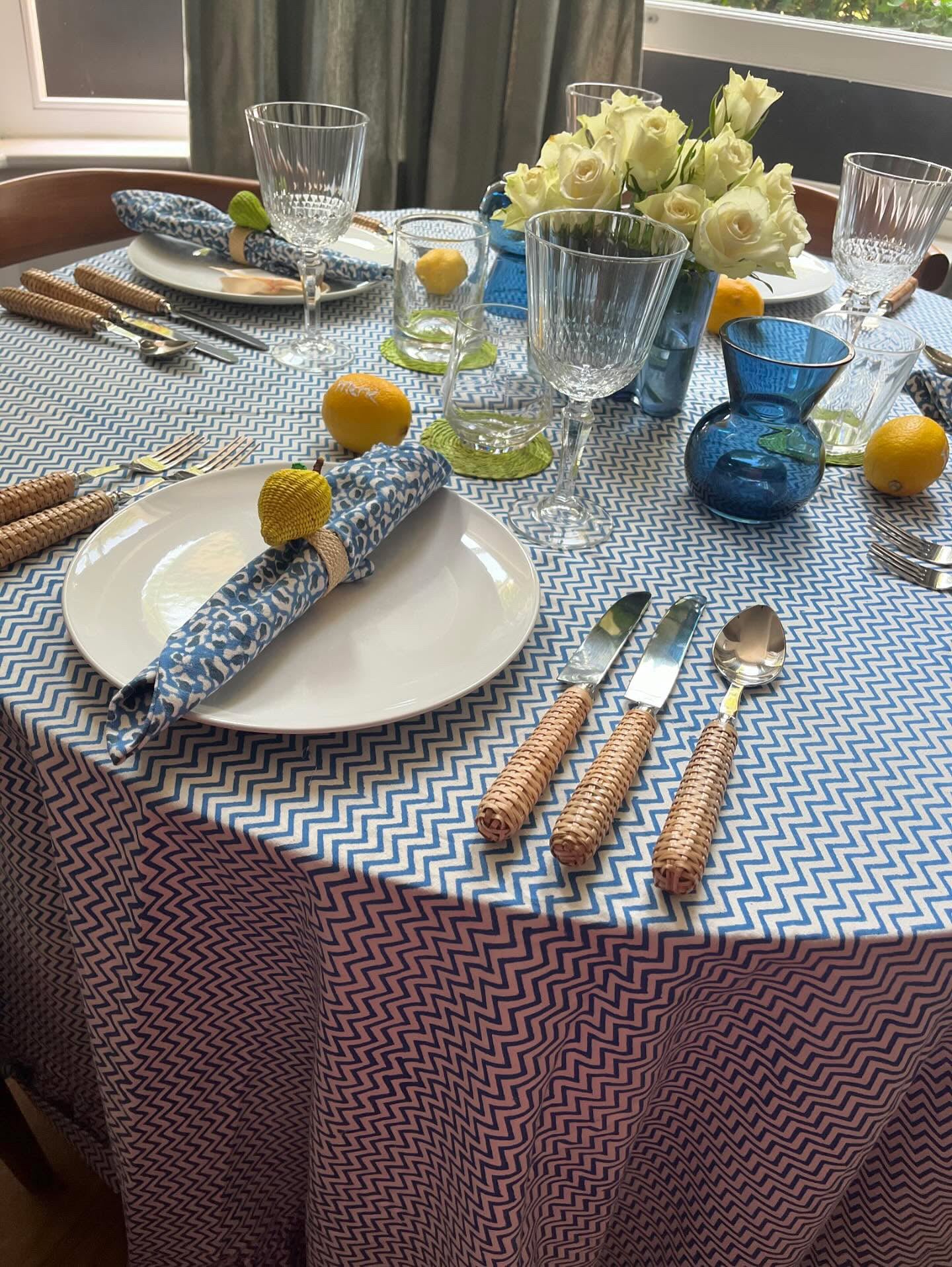 Round Table Cloth - White and Navy Zig Zag Block Print