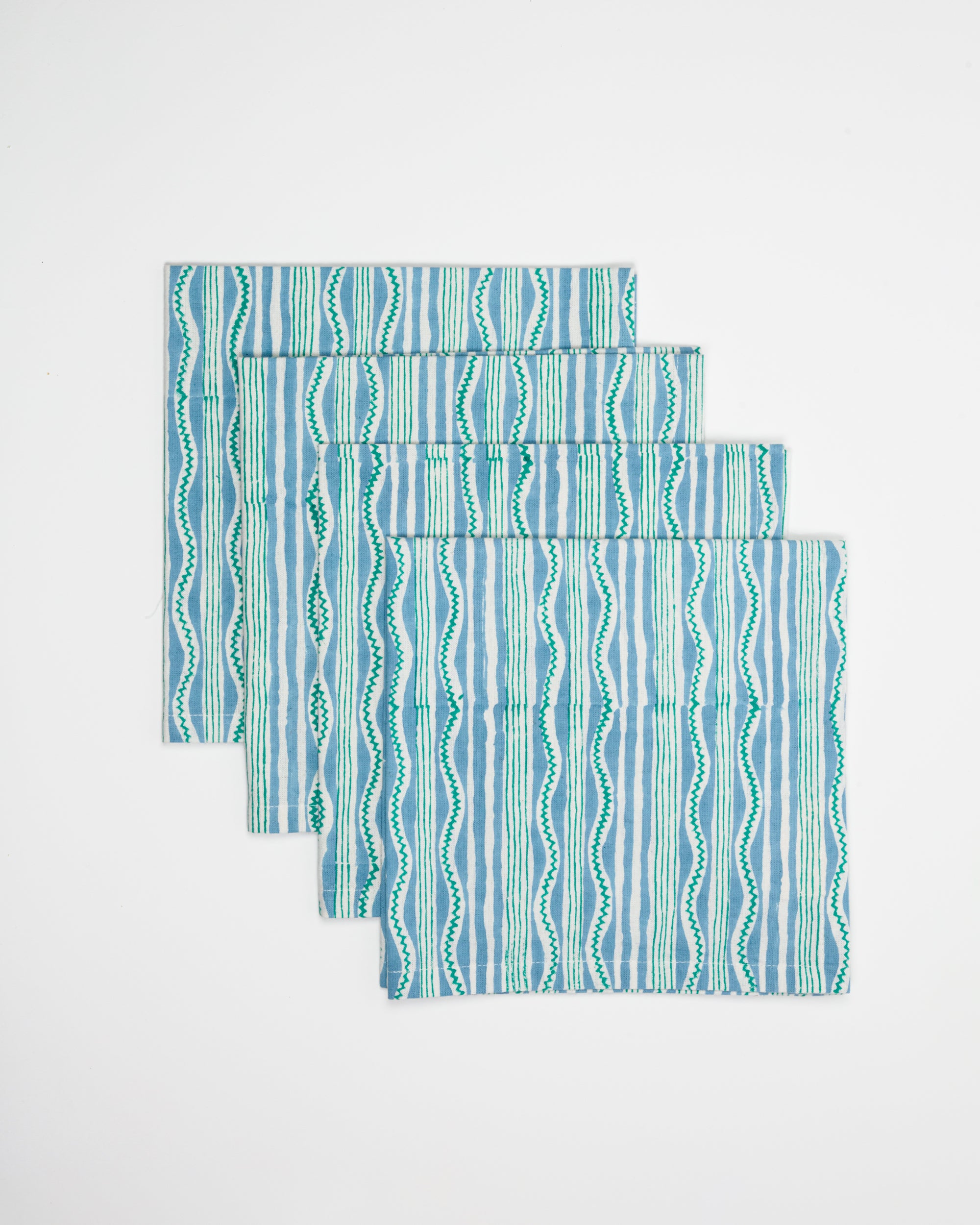 Set of 4 Contemporary Block Printed Napkins - Blue Zig Zag