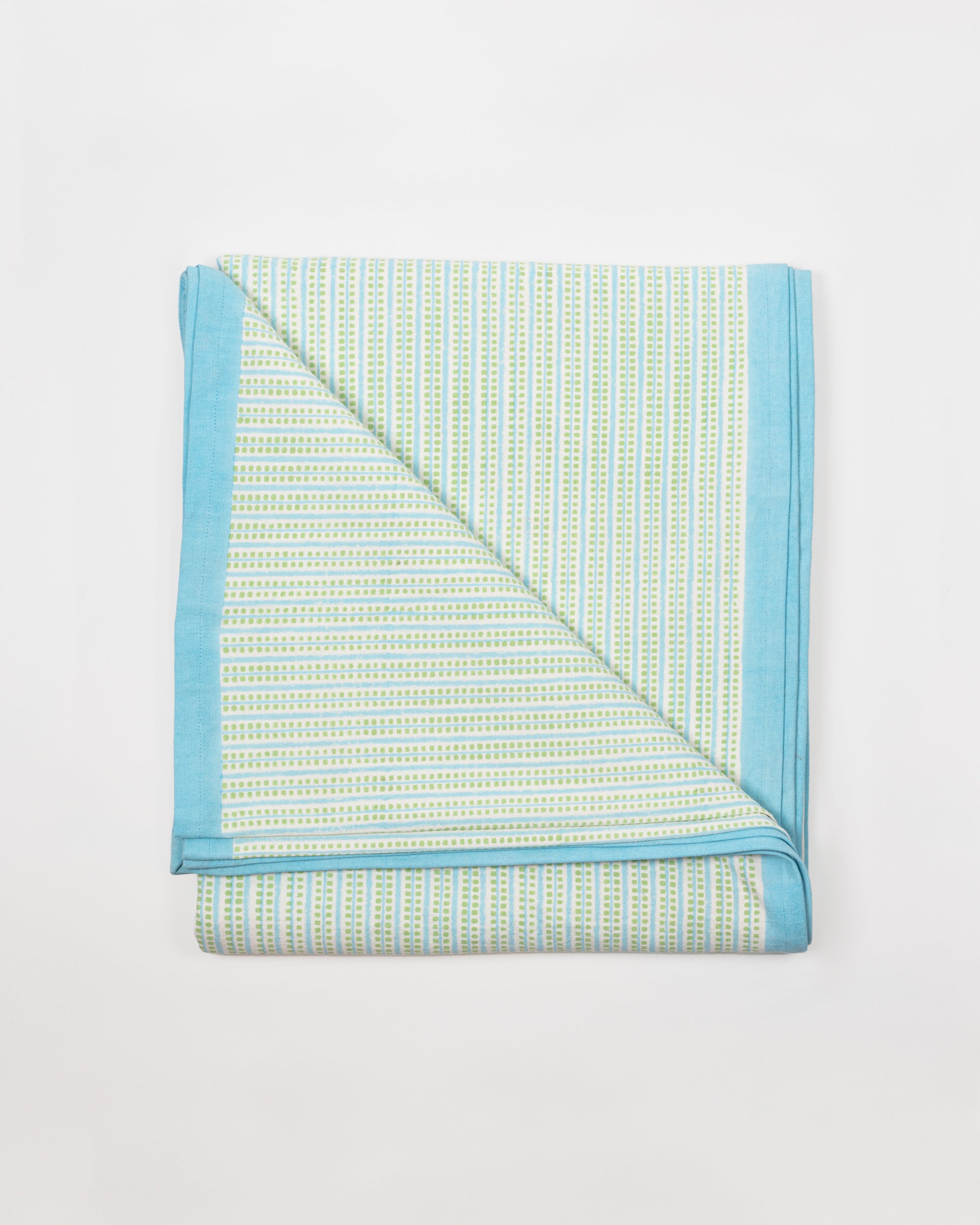 Folded Contemporary Green and Turquoise Block Printed Cotton Tablecloth Blue Edge