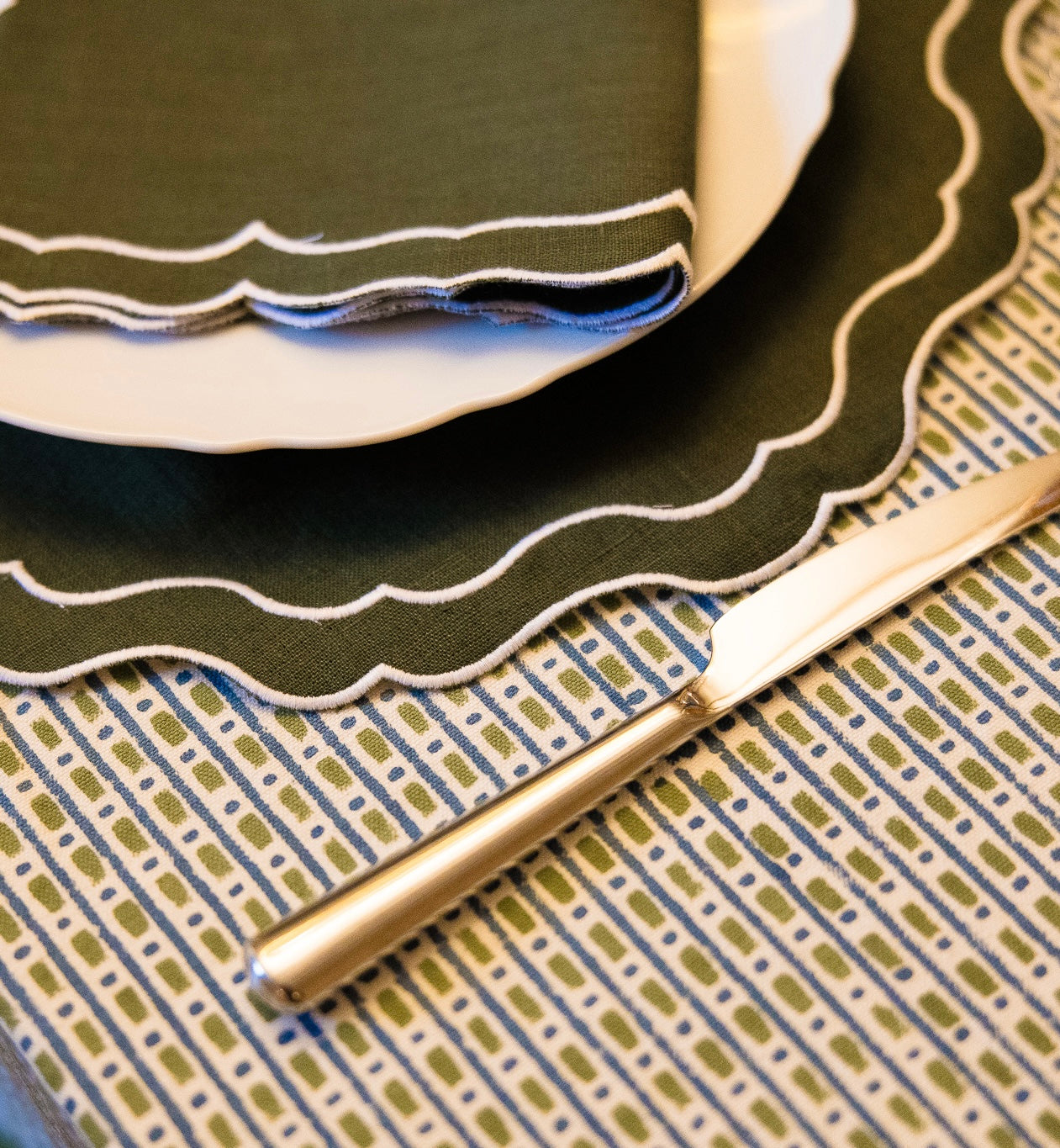 Green Dash & Dot - Block Printed Cotton Tablecloth