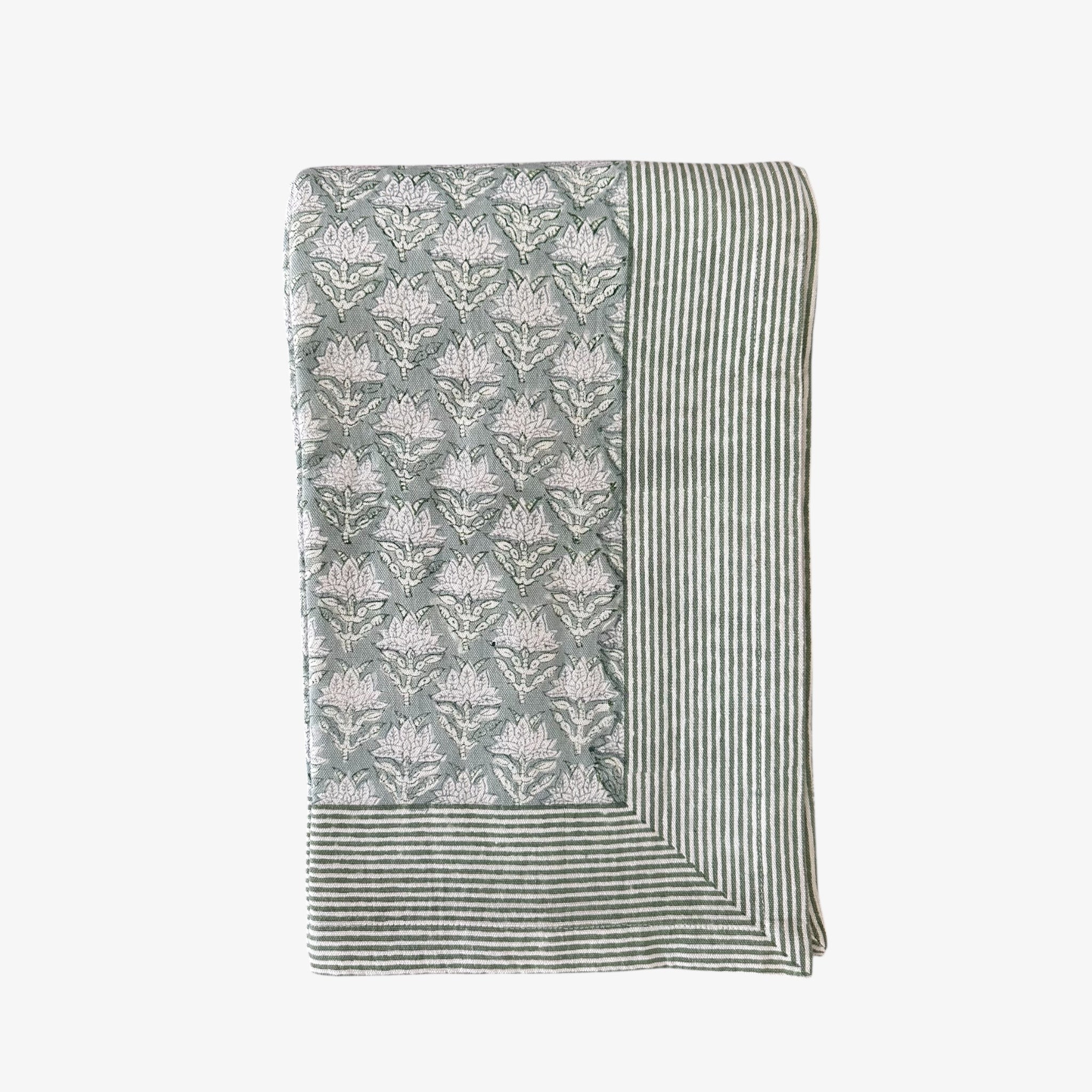 Dusky Green Floral - Block Printed Cotton Tablecloth