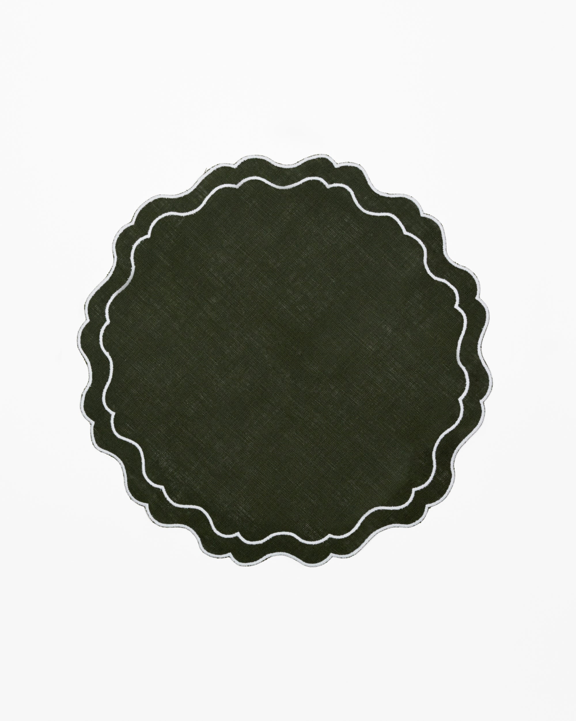 Forest Green,  Round Scalloped Linen Placemats - Set of 2