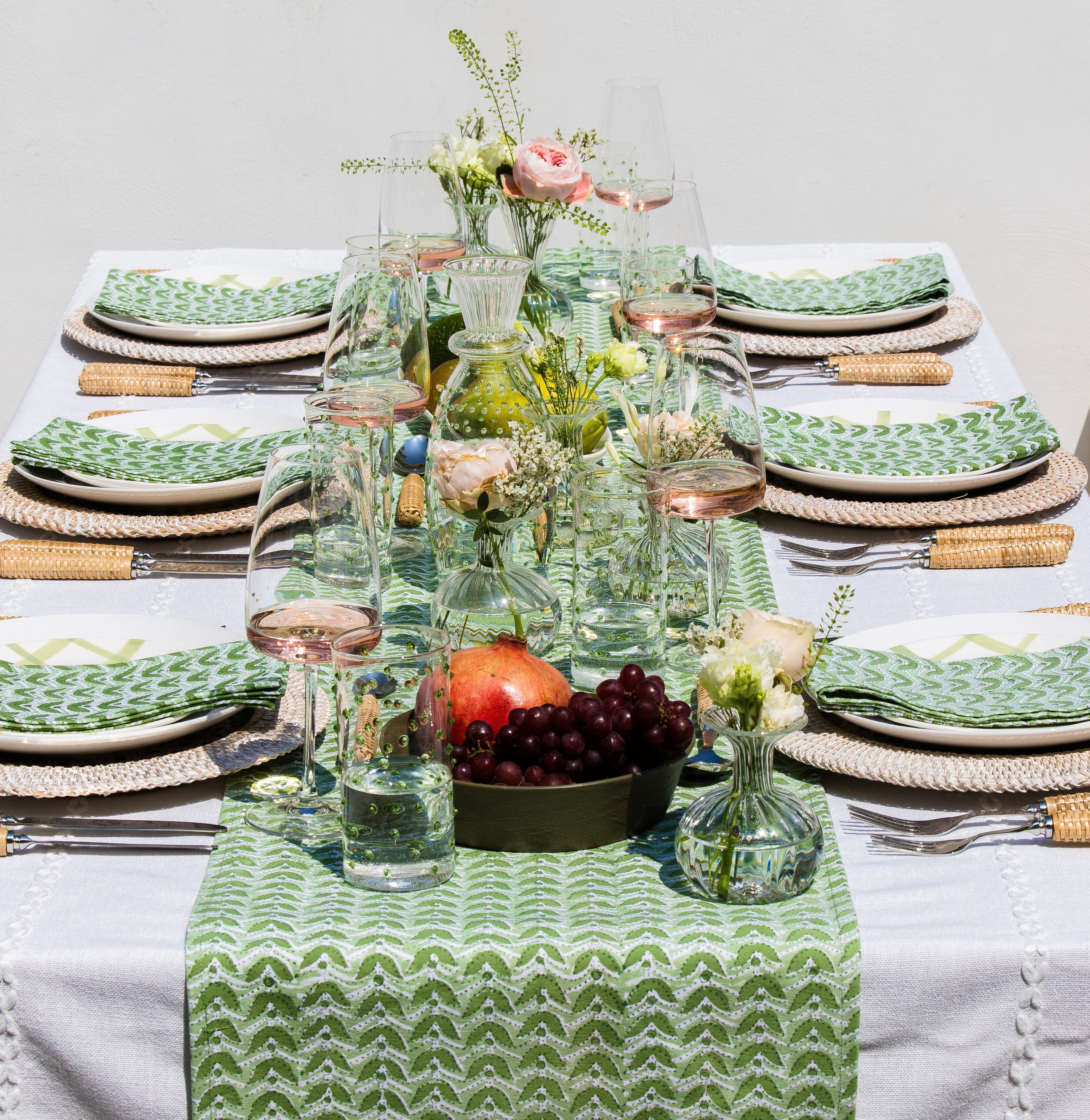 Geometric Block Printed Table Runner in Sage Green