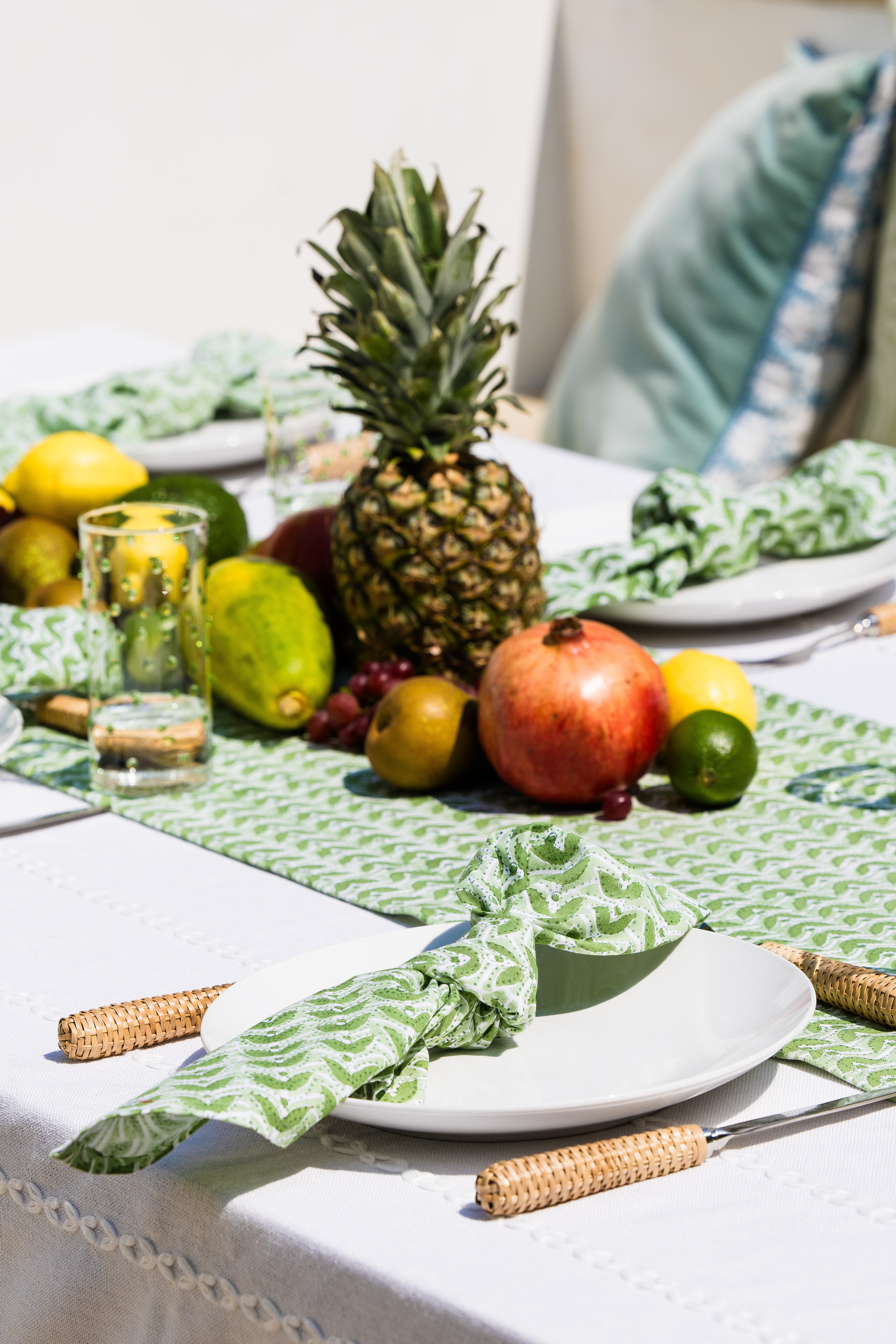 Geometric Block Printed Table Runner in Sage Green
