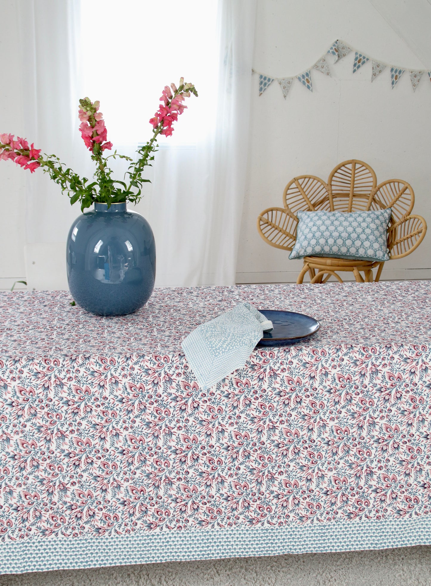 Block Printed Cotton Tablecloth in Cranberry