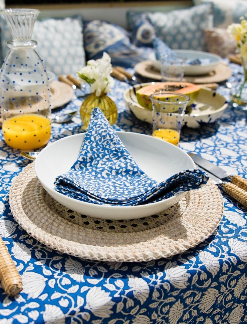 Mediterranean Blue Leopard Cotton Block Printed Napkins - Set of 4
