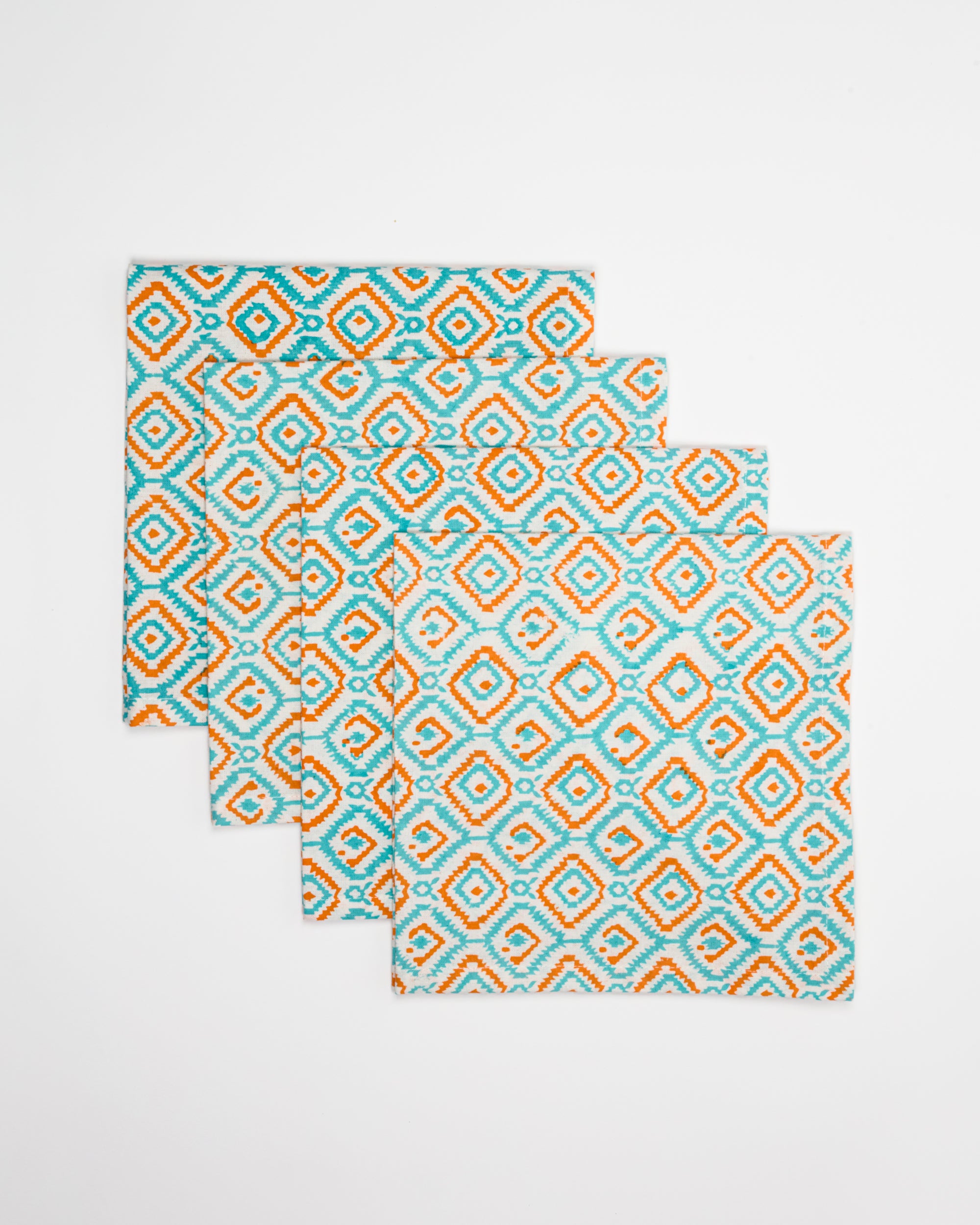Orange & Turquoise Contemporary Block Printed Napkins - Set of 4