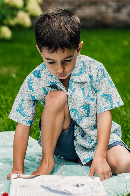 Kids Cotton Shirt in Blue Dolphin Print