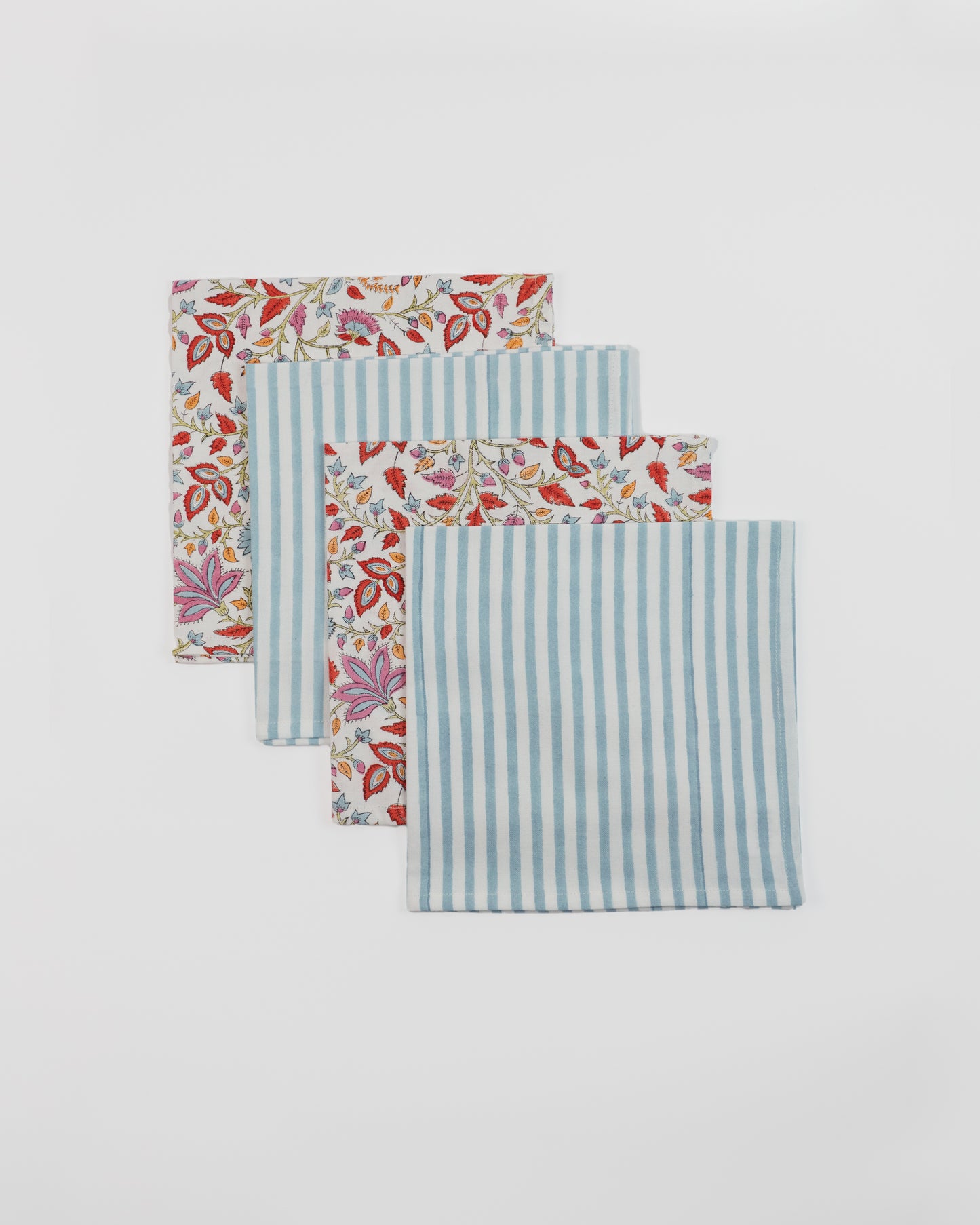 Set of 4 - Floral and Stripe Napkins in Duck Egg Blue & Burnt Orange