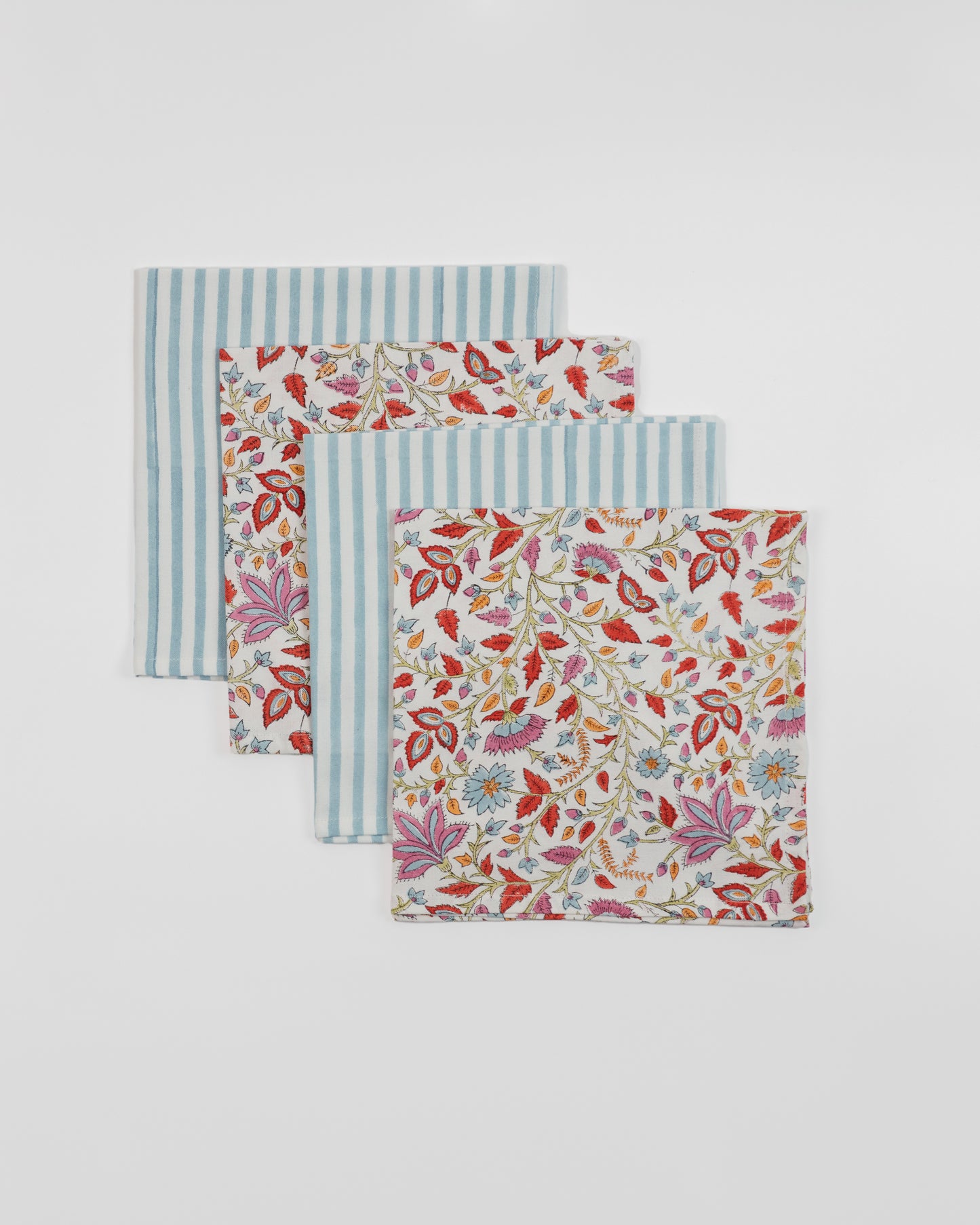 Set of 4 - Floral and Stripe Napkins in Duck Egg Blue & Burnt Orange