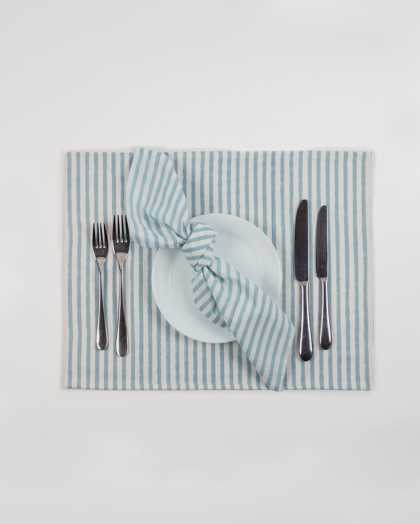 Set of 4 - Floral and Stripe Napkins in Duck Egg Blue & Burnt Orange