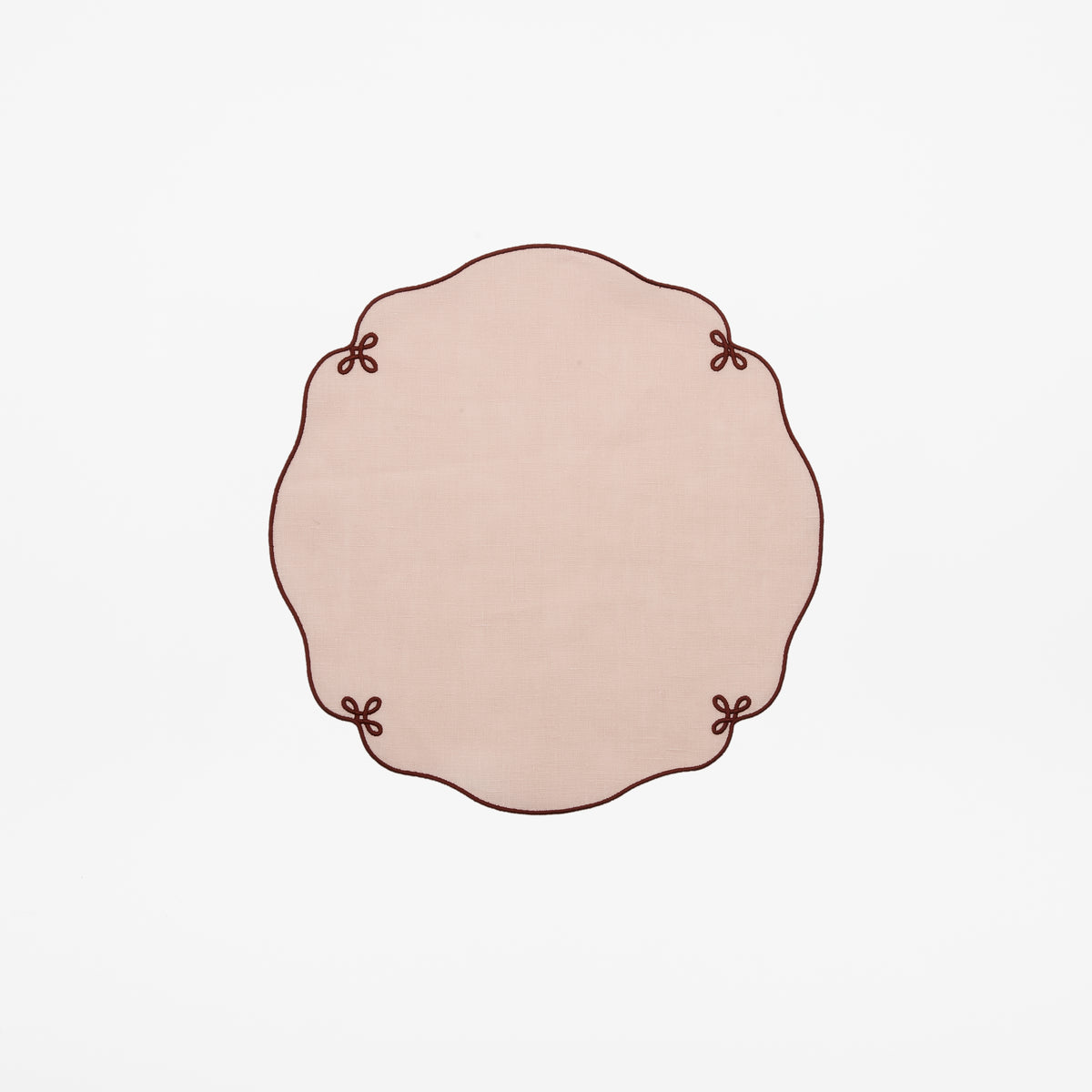 Rose Pink Linen Placemats with Burgundy Embroidered Vintage Edge - Set of 2