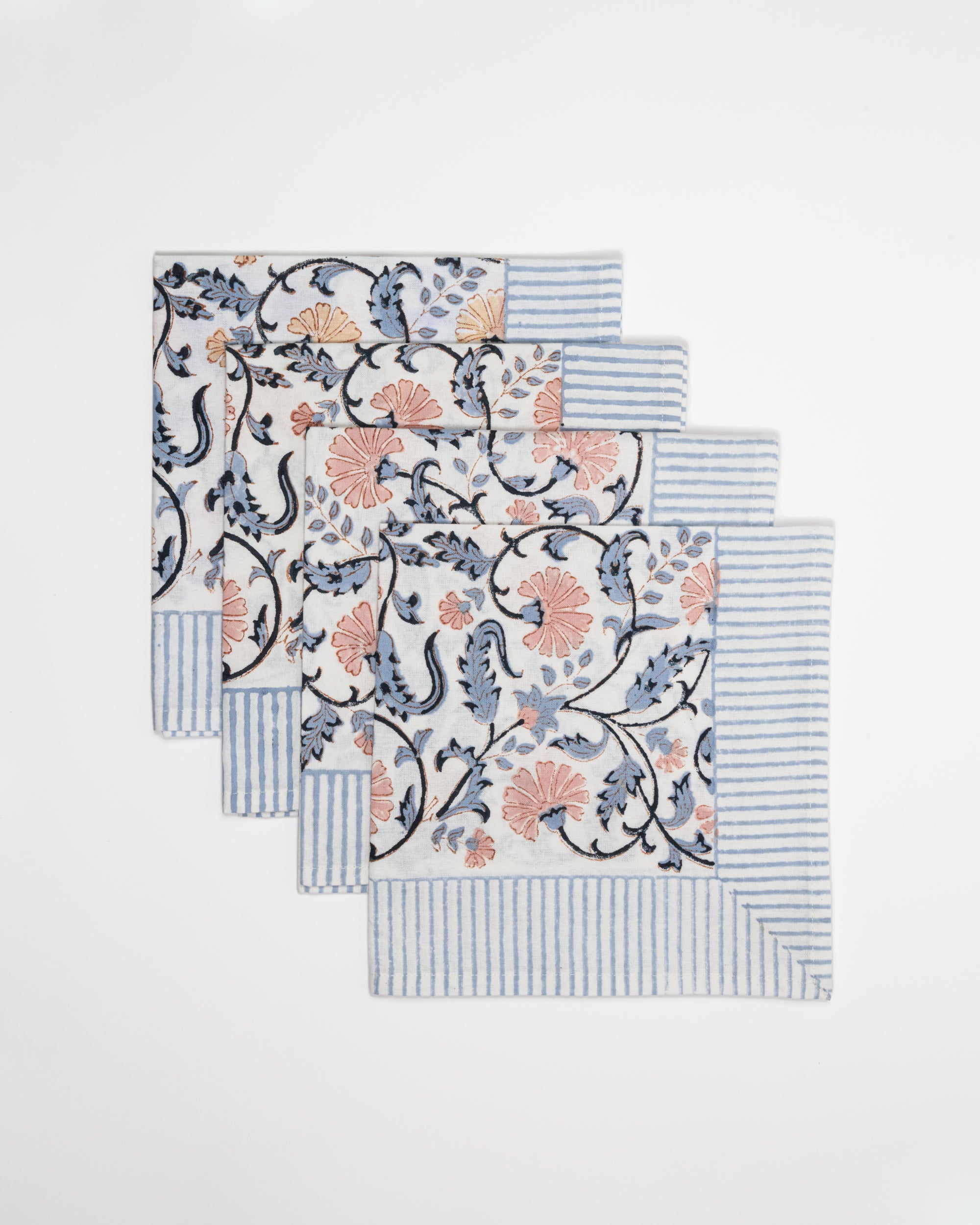 Rose & Egg Shell Blue Block Printed Napkins - Set of 4