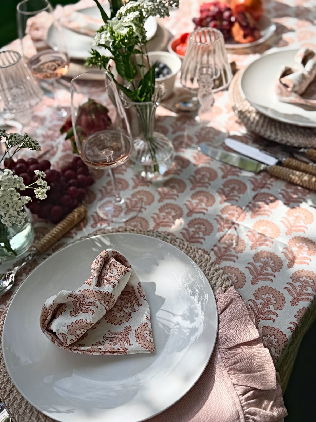 Contemporary Rose Floral - Block Printed Cotton Tablecloth