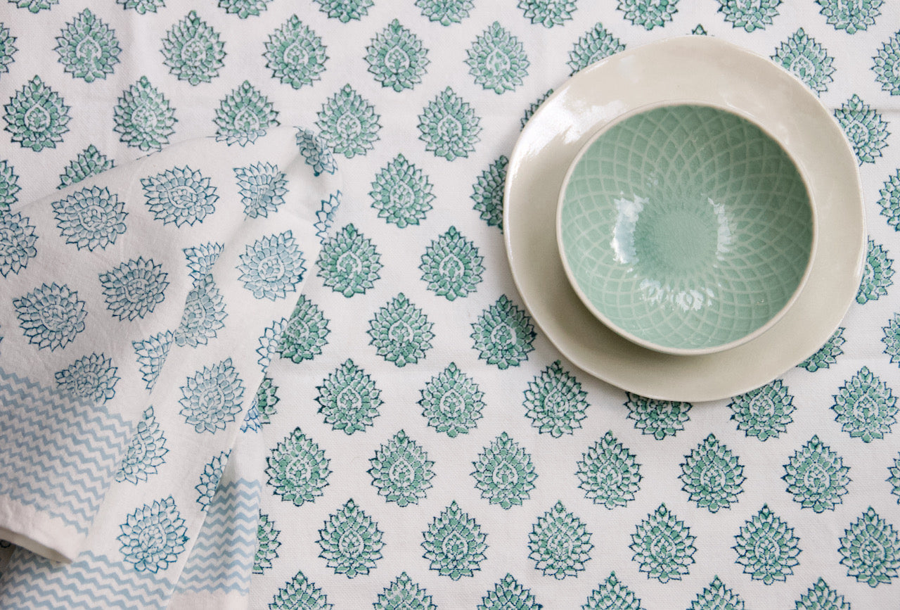 Lotus Green Cotton Block Printed Tablecloth
