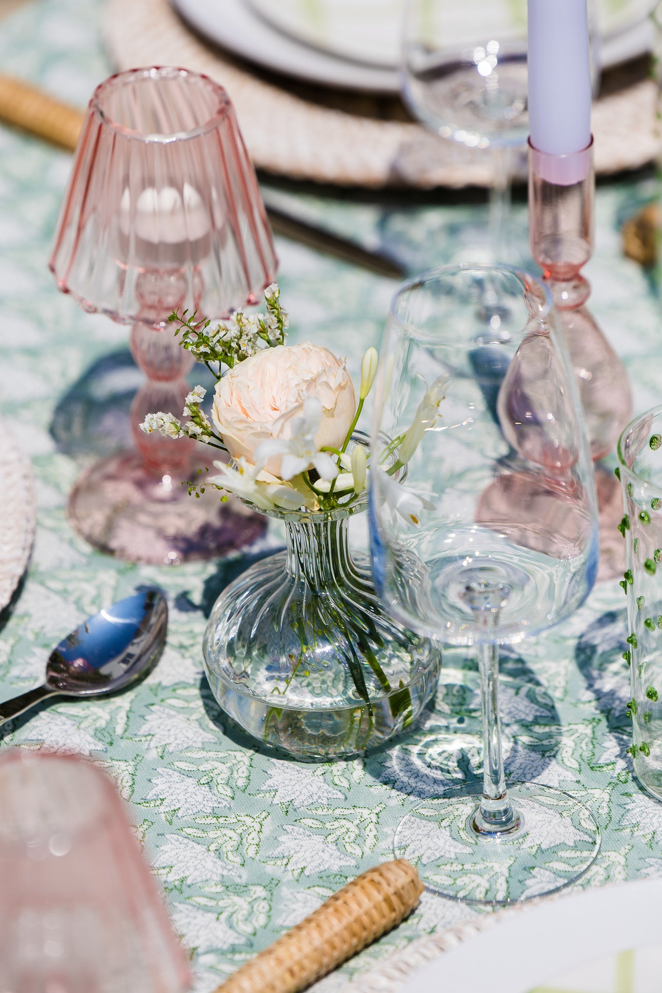 Dusky Green Floral Cotton Block Printed Tablecloth - Extra Large