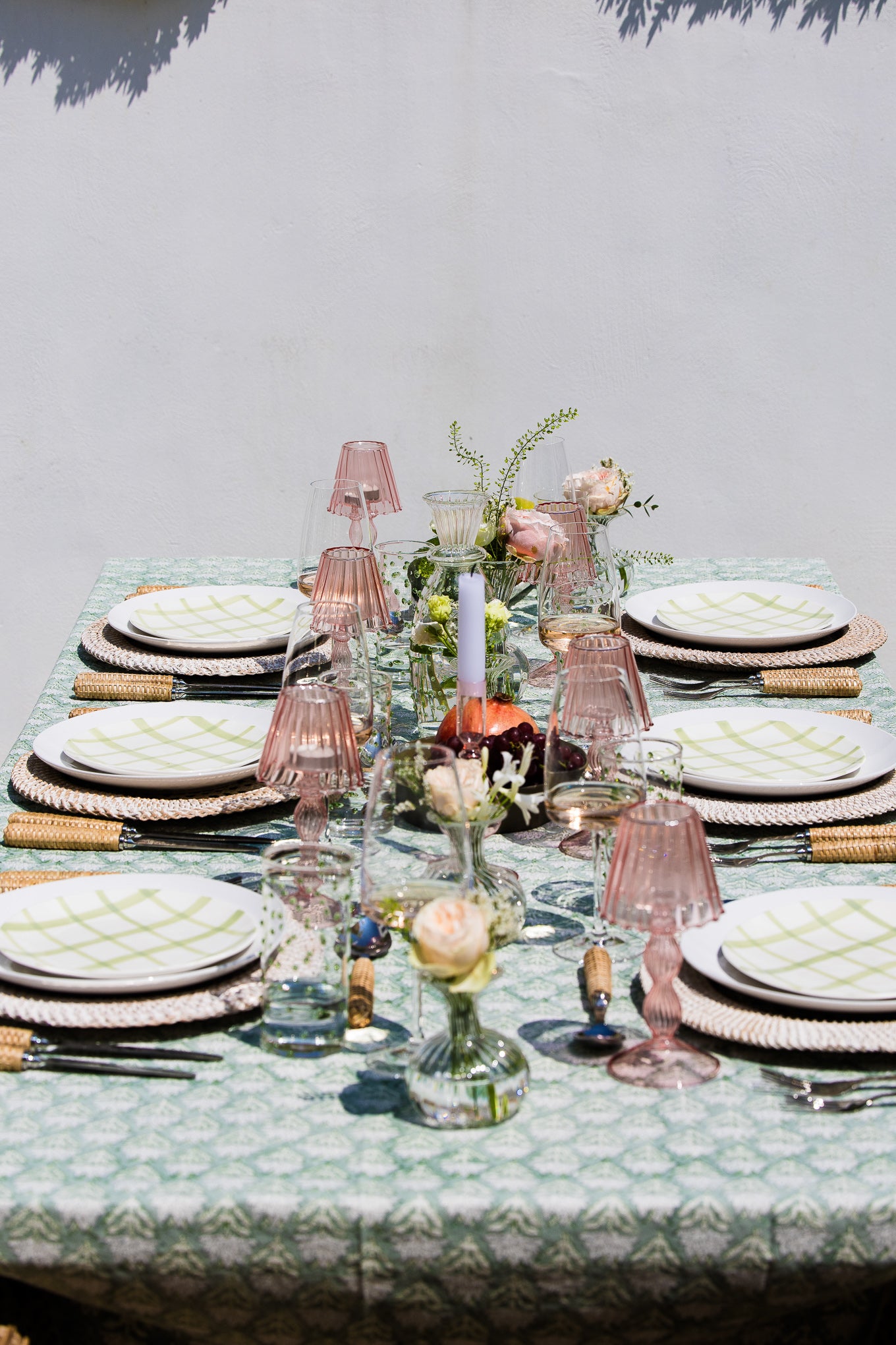 Dusky Green Floral Cotton Block Printed Tablecloth - Extra Large
