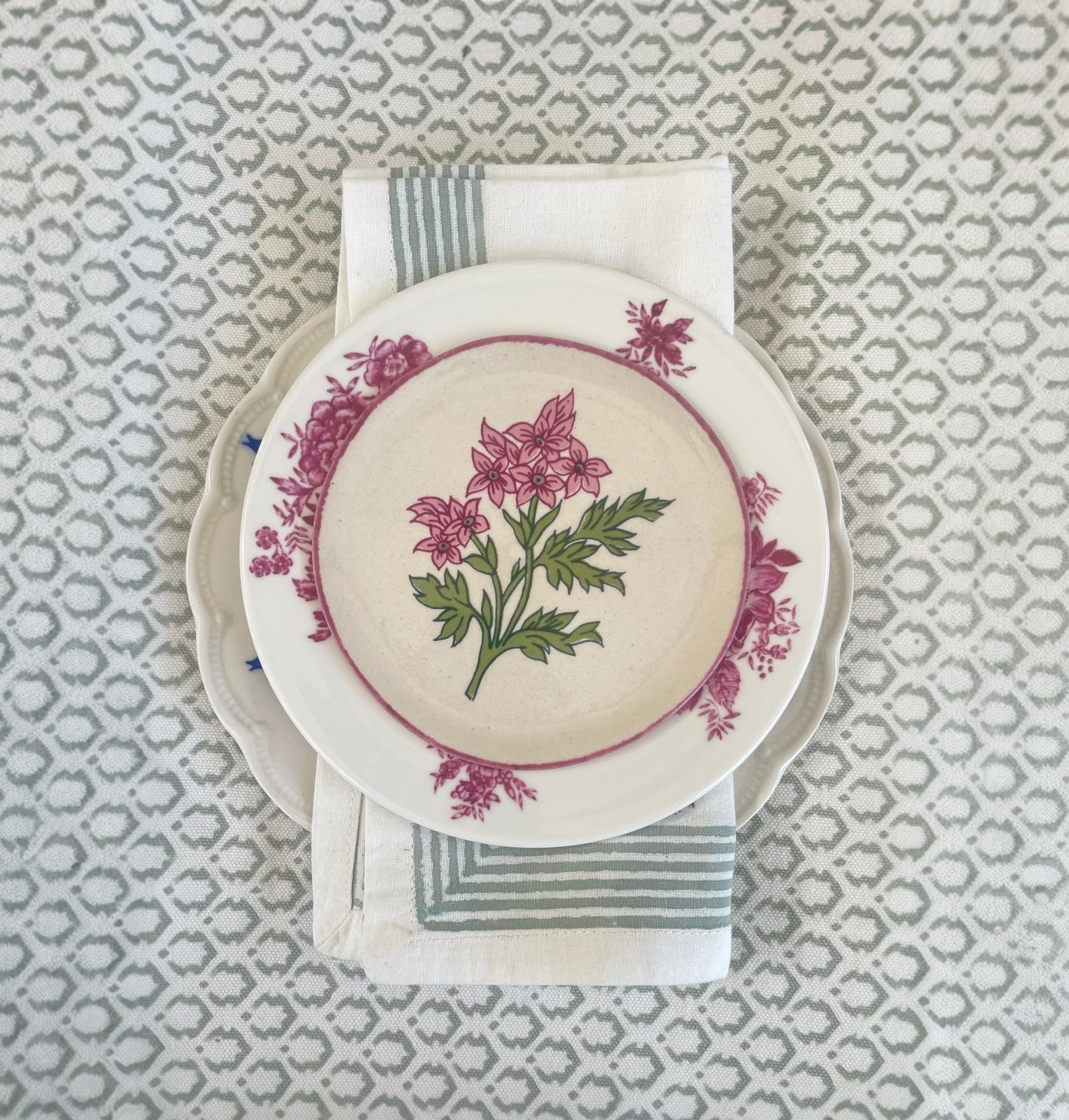Dusky Green Cotton Block Printed Tablecloth - Extra Large
