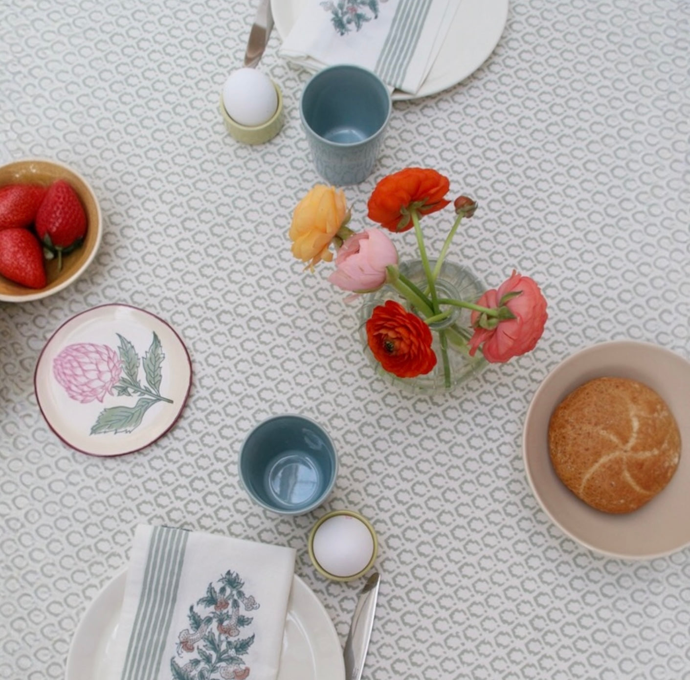 Dusky Green Crown - Block Printed Cotton Tablecloth