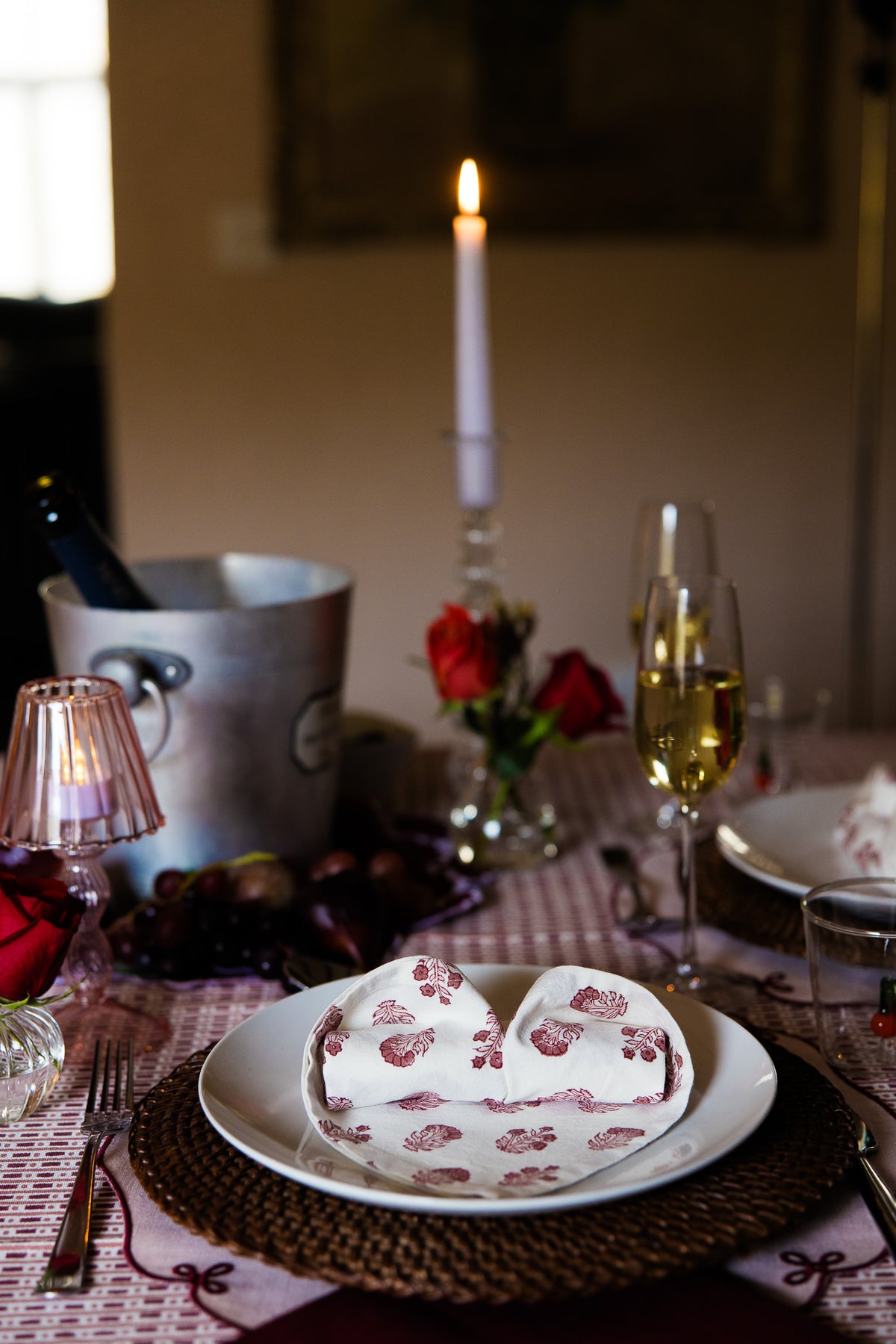 Burgundy & Rose Dash & Dot Block Printed Cotton Tablecloth