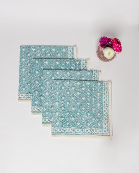 Set of 4 Block Printed Cotton Napkins in Geometric Turquoise