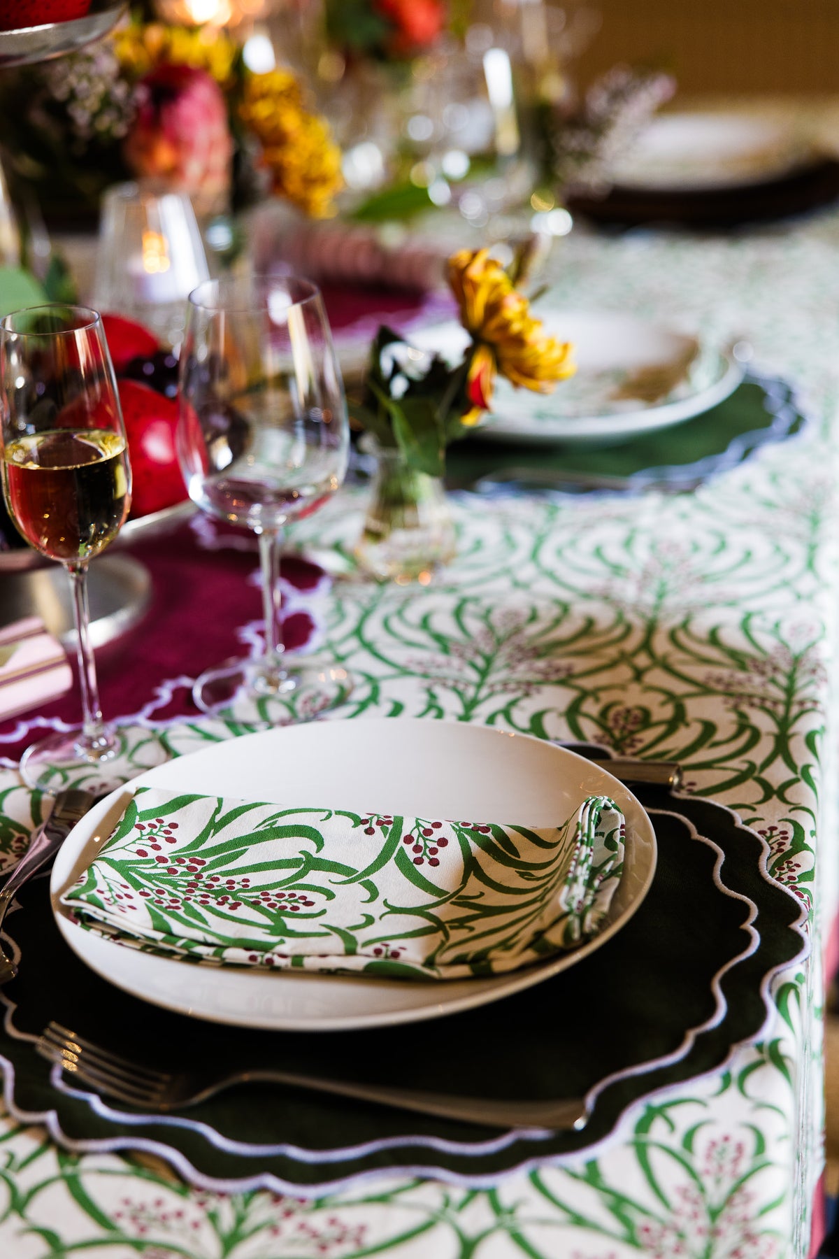 Winter Berries - Block Printed Cotton Tablecloth