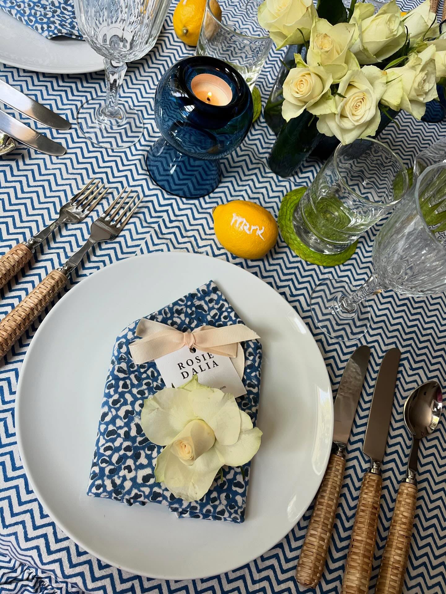 Round Table Cloth - White and Navy Zig Zag Block Print
