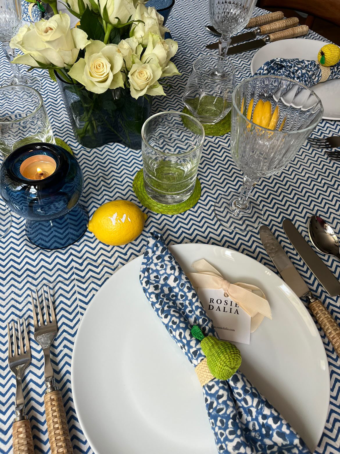 Round Table Cloth - White and Navy Zig Zag Block Print