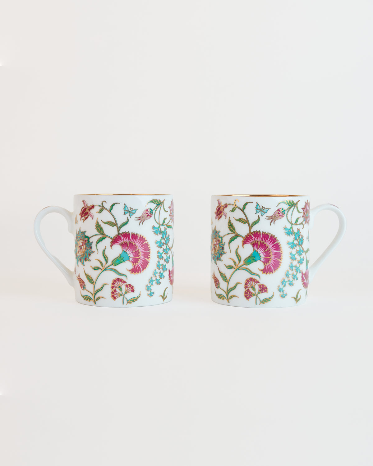 Set of 2 Ambreen floral fine bone china mugs in white with gold detailing