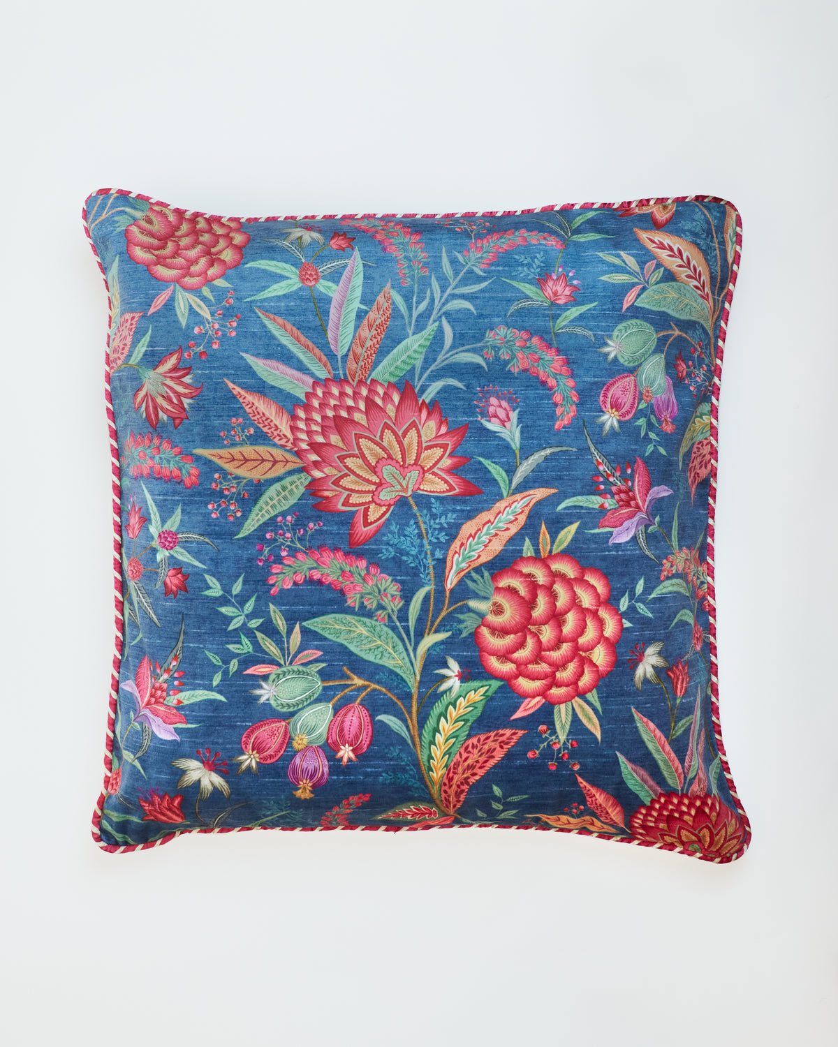 Wild Flower cushion cover in blue, printed on fine velvet with striped piping