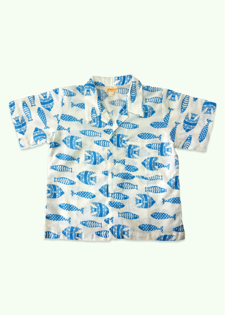 Boys Cotton Shirt in Ink Fish Blue Print