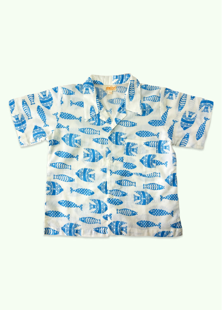 Kids Cotton Shirt in Ink Fish Blue Print