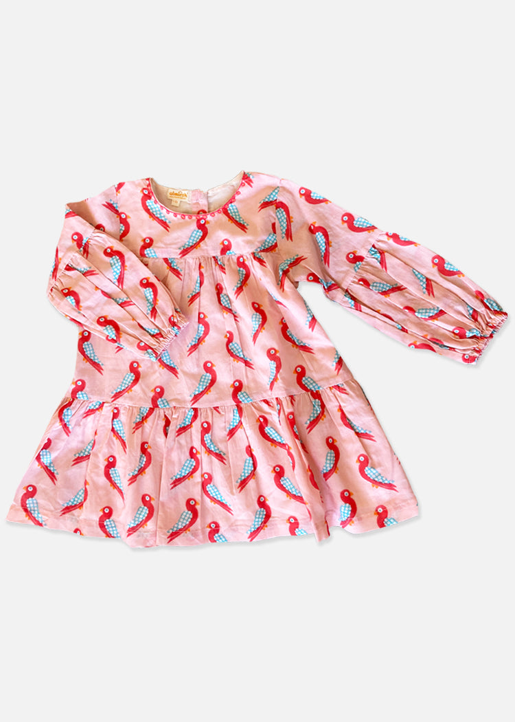 Kids Cotton Dress in Pink Parrot Print