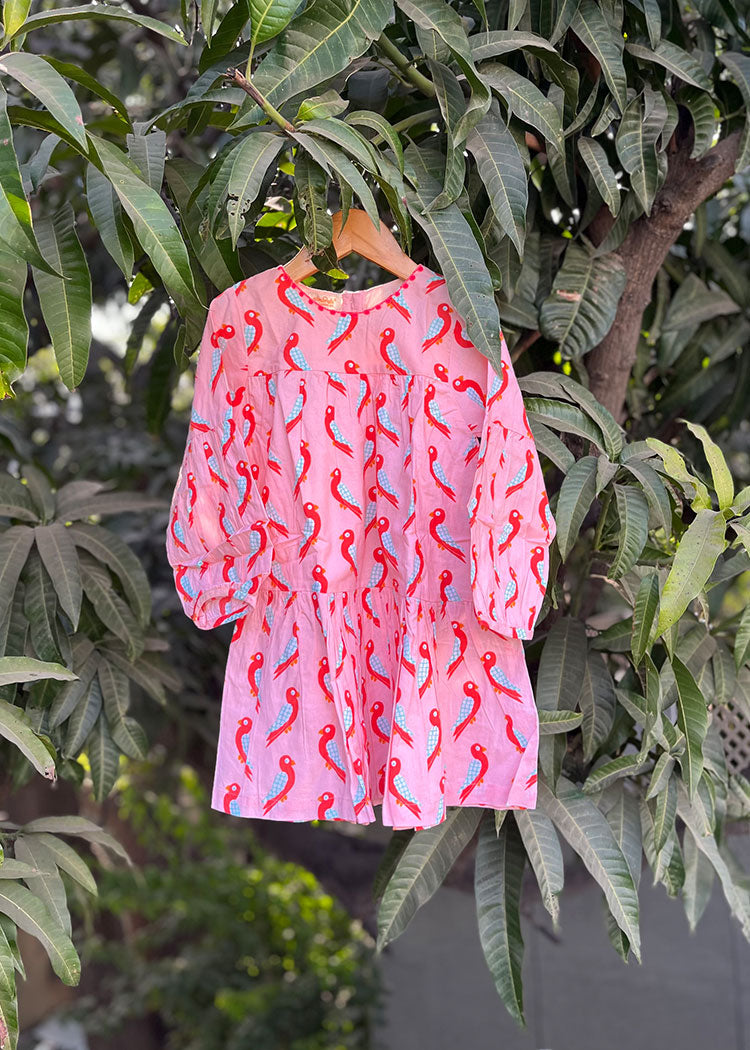Kids Cotton Dress in Pink Parrot Print