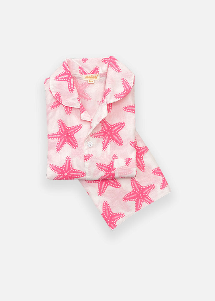 Girls & Boys Cotton Pyjamas in Pink Starfish Print