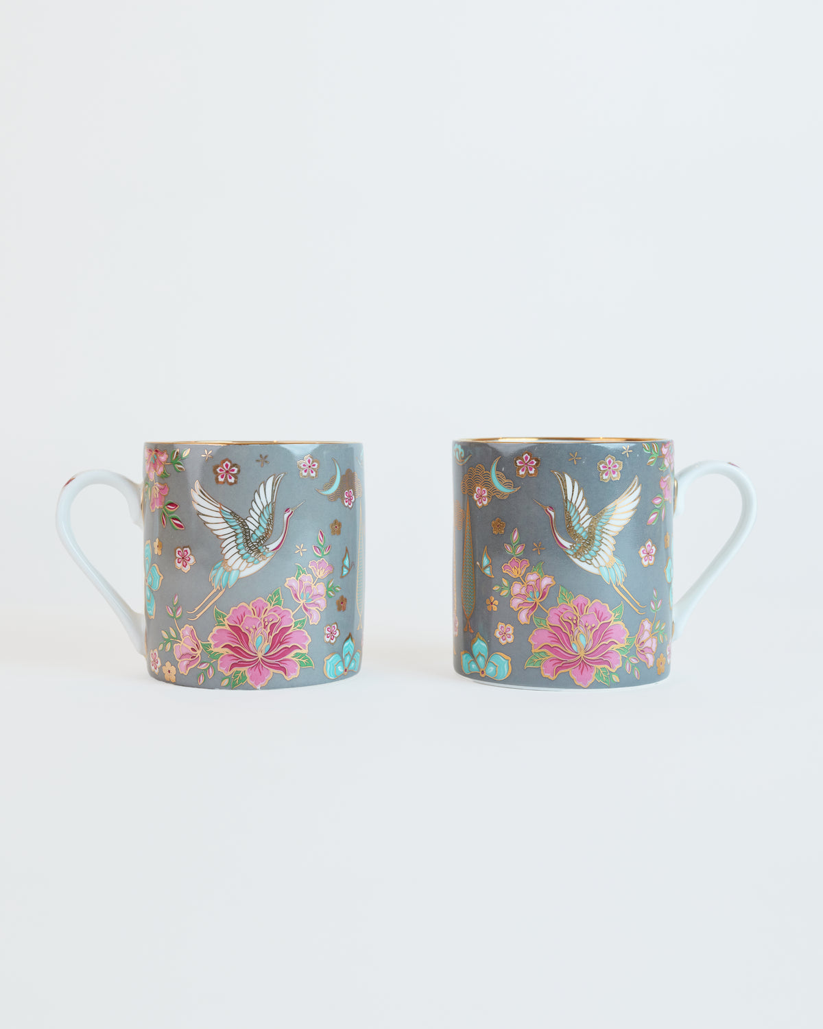 Set of 2 fine bone china floral mugs in grey with jewelled crane design and gold detailing