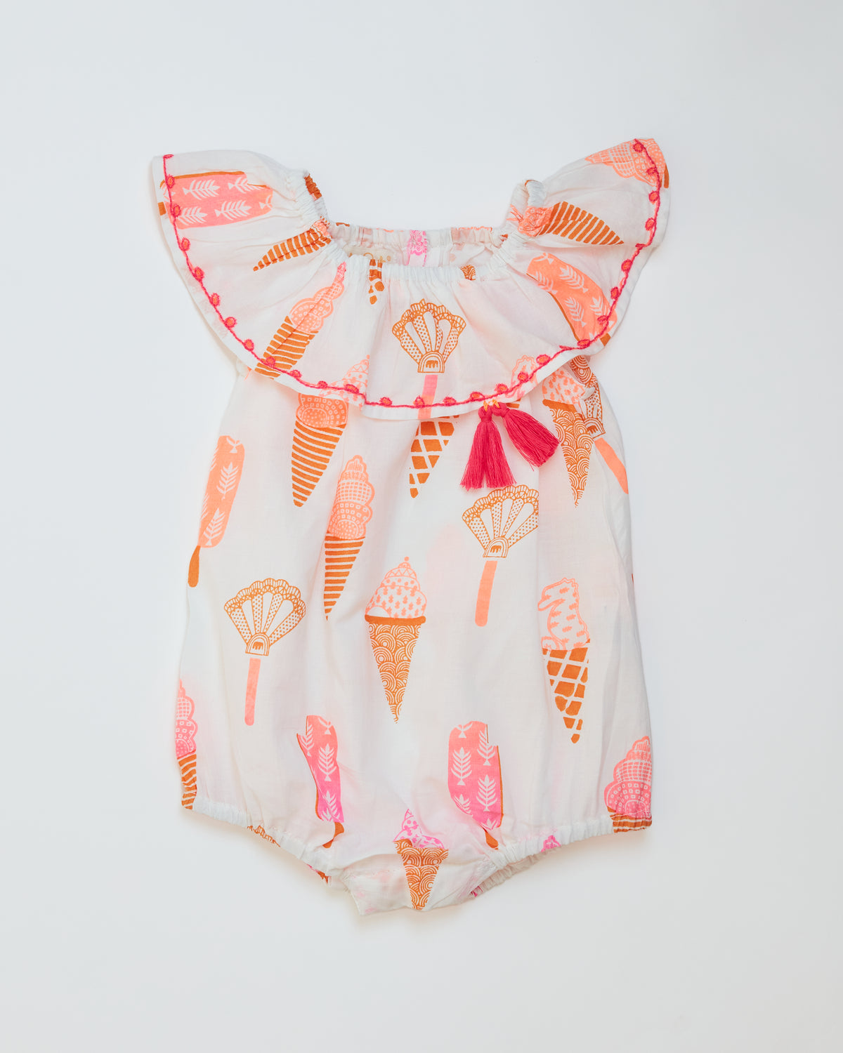 Cotton baby romper in a playful ice cream print with frilled embroidered neckline, by Rosie Dalia