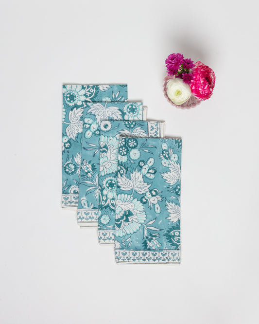 Set of 4 Block Printed Cotton Napkins in Blue Jaipur Flowers