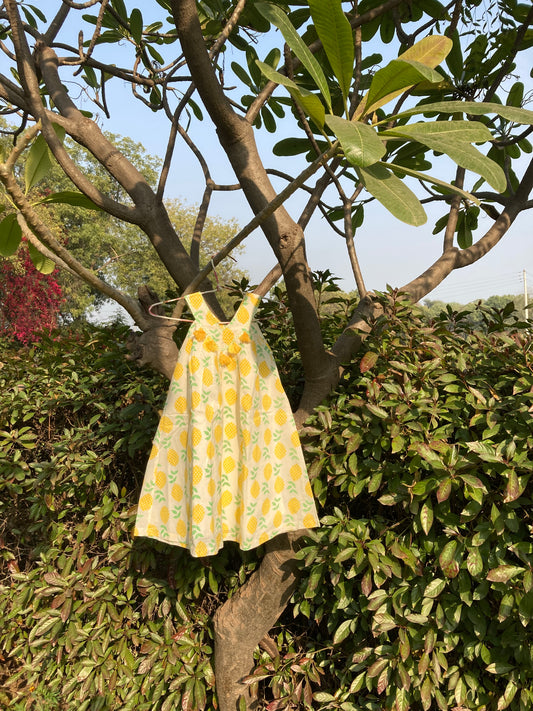 Girls Cotton Dress in Lemon Print