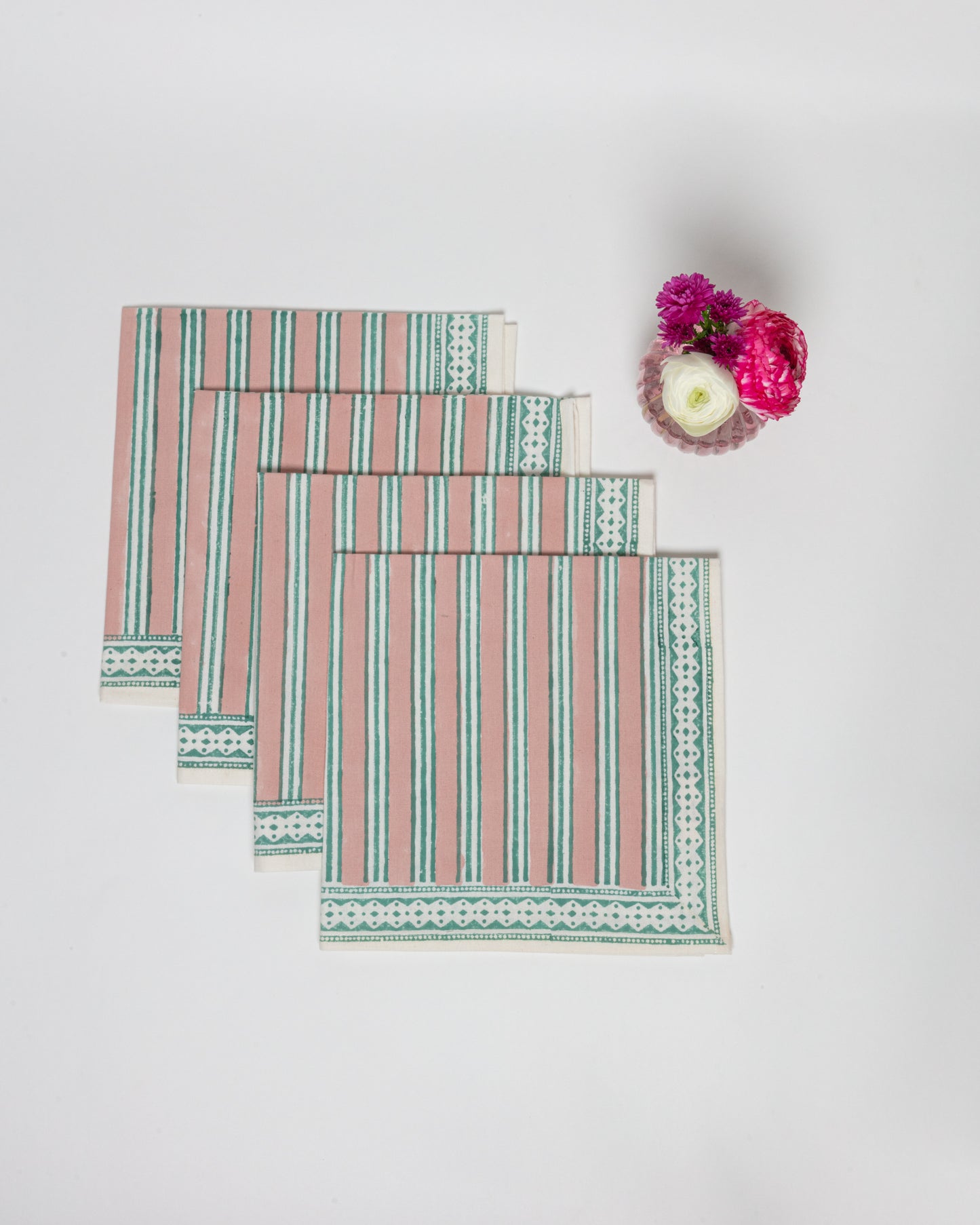 Set of 4 Block Printed Cotton Napkins in Blush Turquoise Stripe