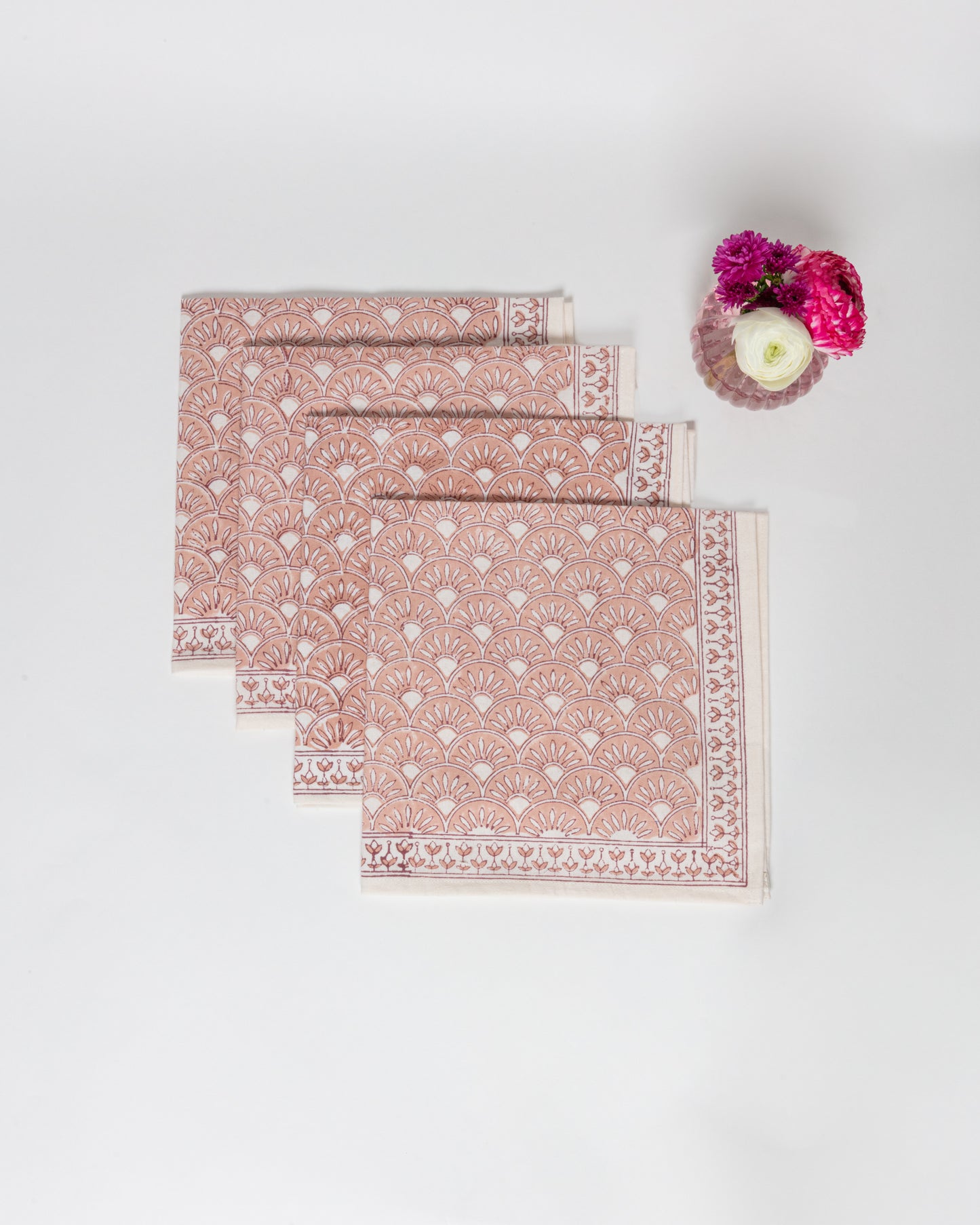 Set of 4 Block Printed Cotton Napkins in Geometric Blush Cherry