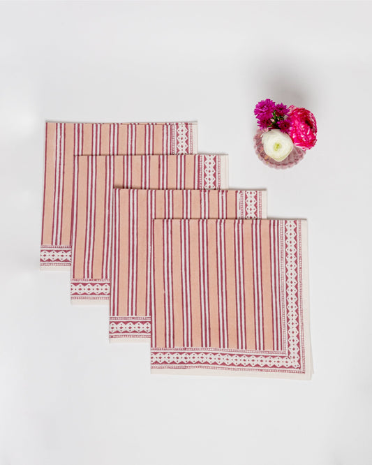 Set of 4 Block Printed Cotton Napkins in Blush Cherry Stripe
