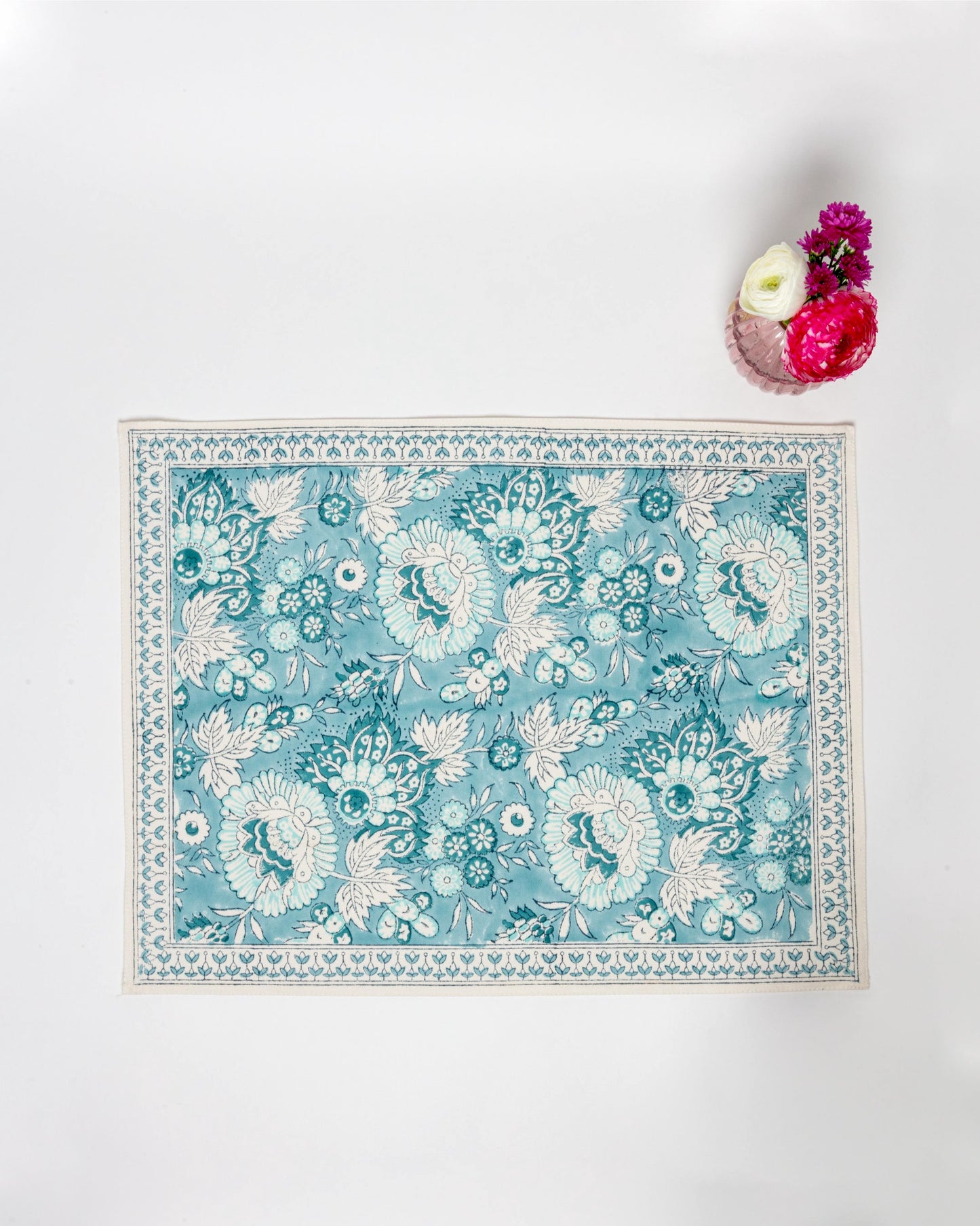 Block Printed Cotton Table Mat in Blue Jaipur Flowers