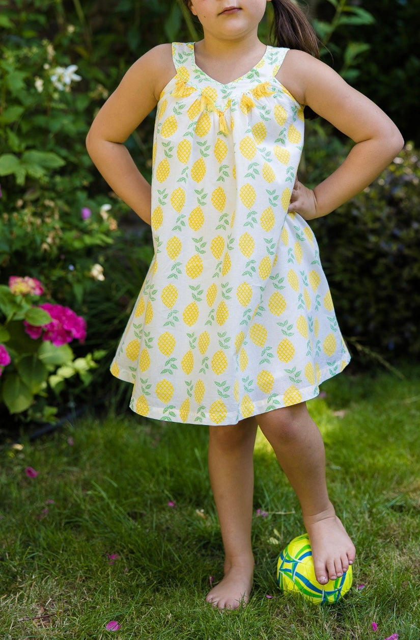 Kids Cotton Dress in Lemon Print