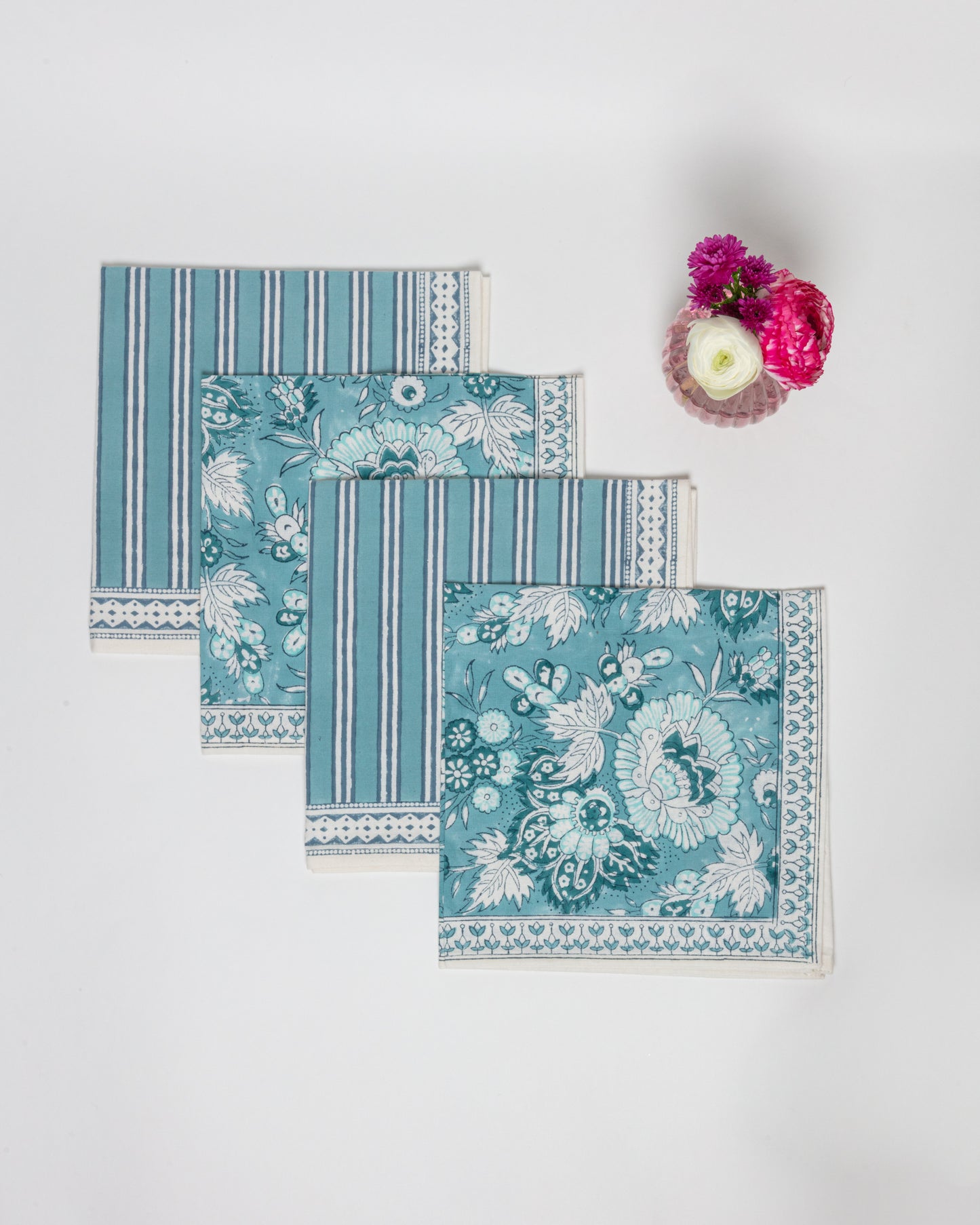 Set of 4 Block Printed Cotton Napkins in Blue Jaipur Flowers
