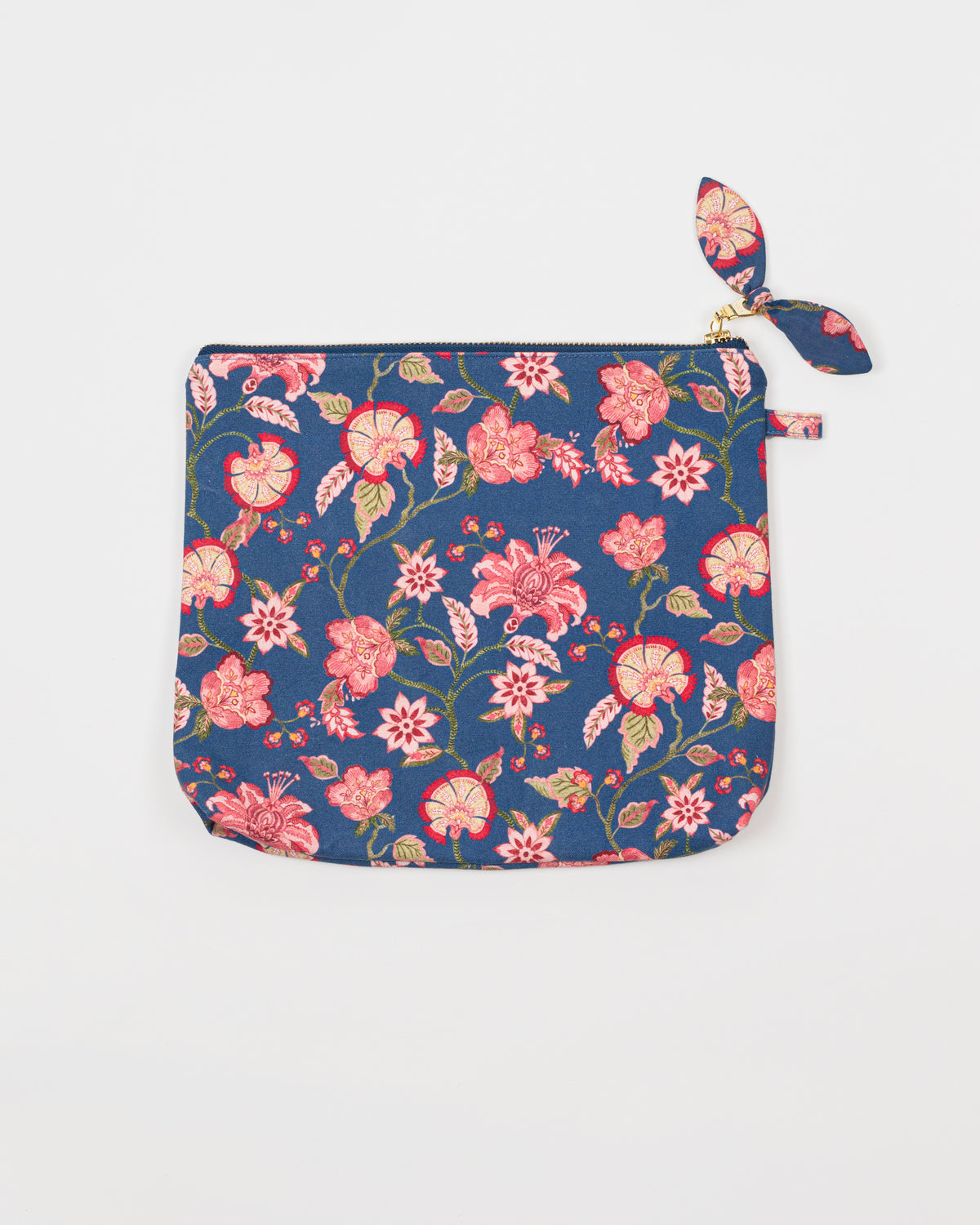 Large flat navy and pink floral canvas toiletry bag with gold zip